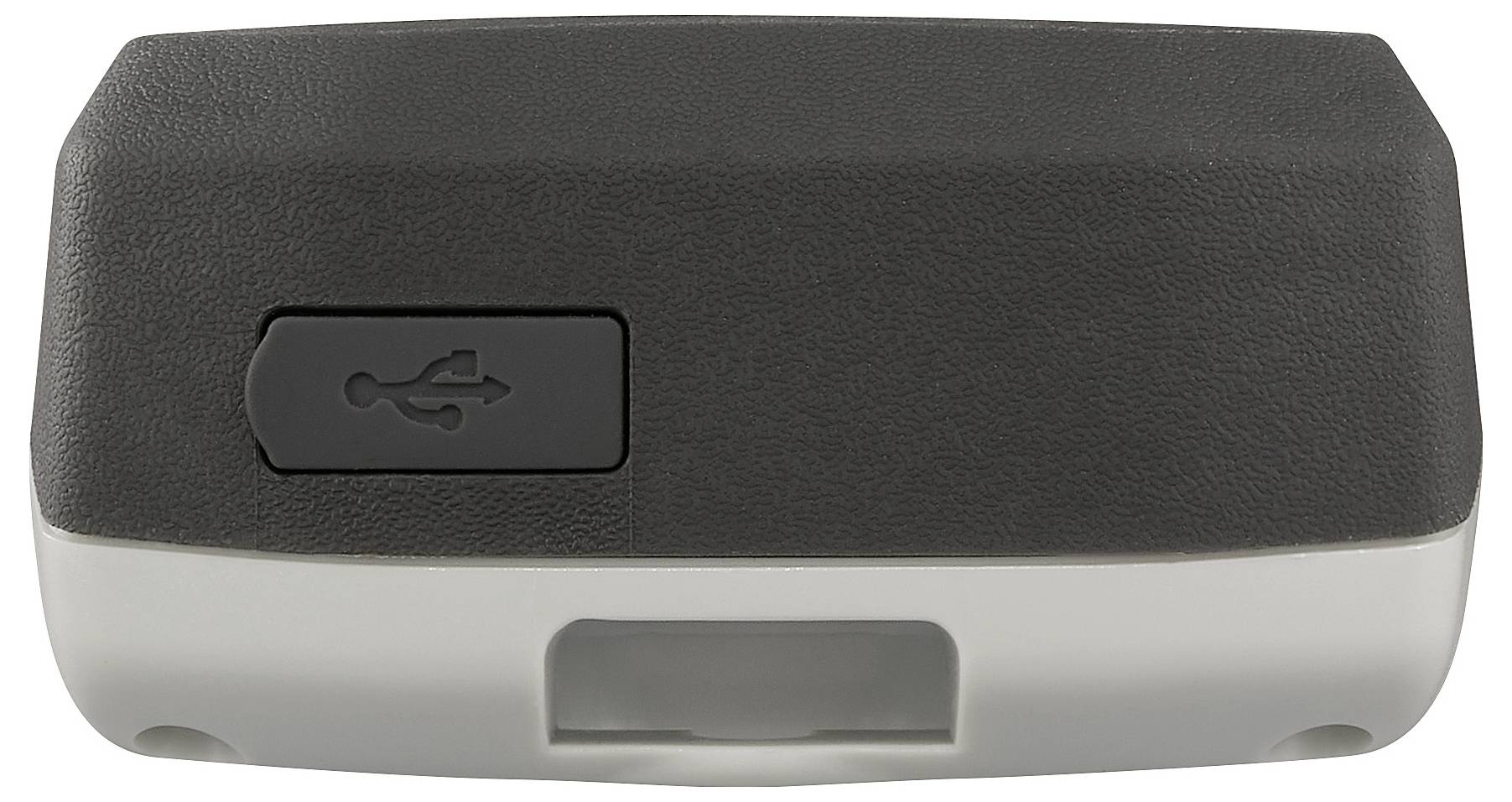Ein elektronisches Gerät mit einem USB-Symbol auf einem schwarzen Panel, das wahrscheinlich einen USB-Anschluss an der Vorderseite markiert. Der Körper ist grau und weist eine kleine Vertiefung darunter auf.