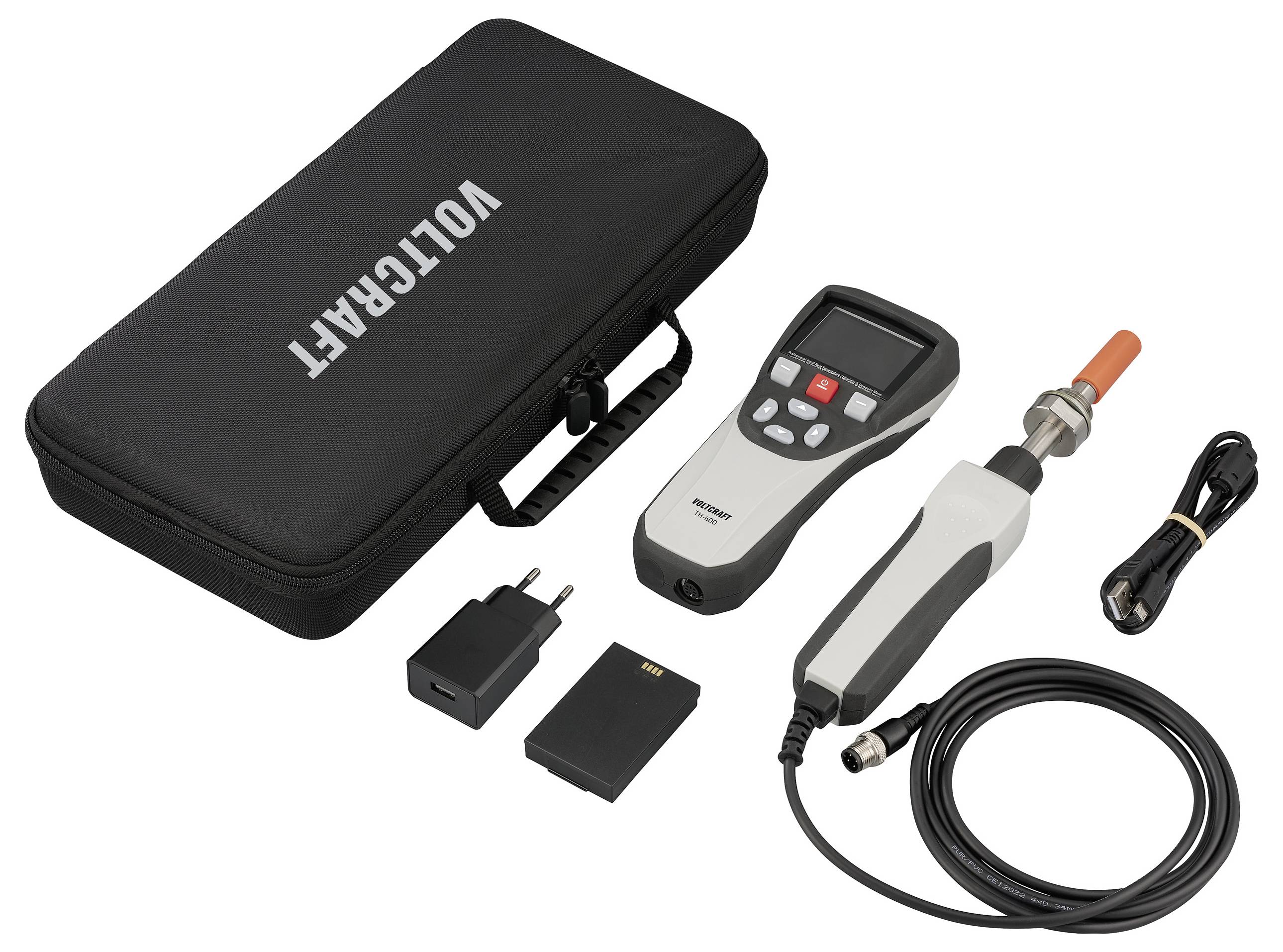 Digitales Drehmomentmesserset mit Transportkoffer, Gerät, Adaptern, Verbindungskabel, Akku und Ladegerät, gekennzeichnet mit VOLTCRAFT.