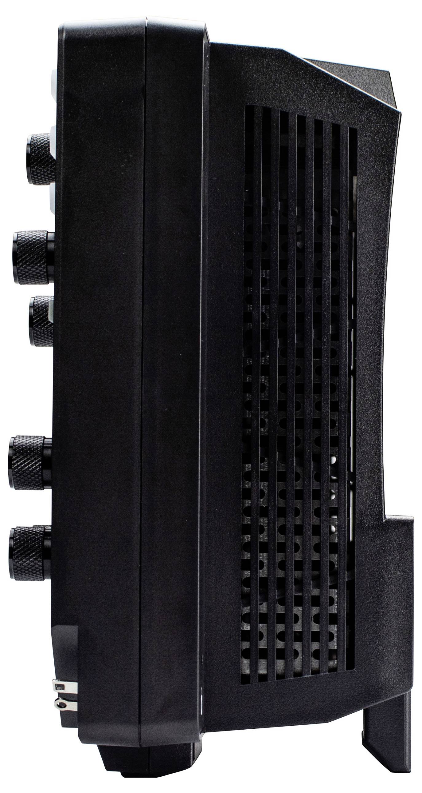 Seitenansicht eines schwarzen elektronischen Geräts mit mehreren Kontrollreglern und einem belüfteten Gitter.