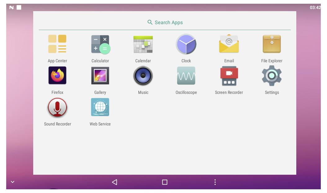 Bildschirm von 'App Center' mit verschiedenen App-Symbolen wie Taschenrechner, Kalender, Uhr, E-Mail, Firefox und Einstellungen auf einer Tablet-Benutzeroberfläche.