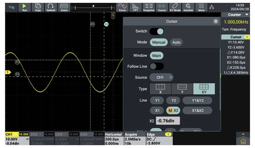 Ein Oszilloskop-Bildschirm zeigt eine Wellenform in Gelb. Ein Einstellungsfenster zeigt Cursordetails: Frequenz auf 1.000 kHz eingestellt, mit variablen Optionen.