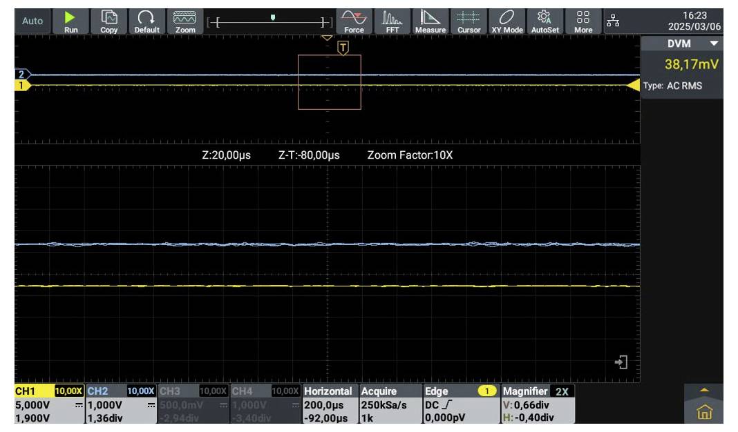 Ein Oszilloskopbildschirm zeigt zwei Wellenformkanäle. CH1 hat 1,36 Teilstriche und CH2 0,66 Teilstriche, was die Einstellungen von 5,00 V und 1,00 V darstellt.