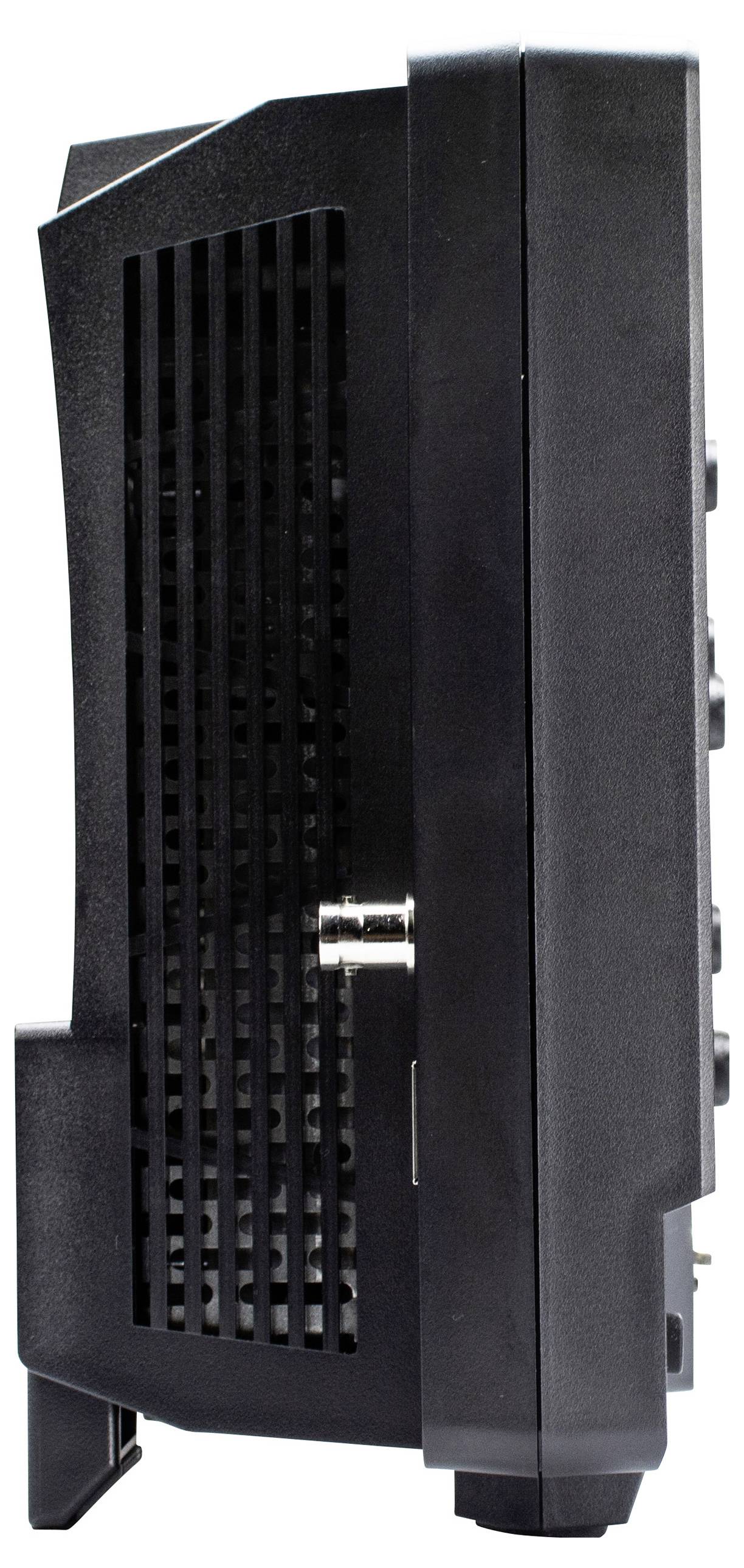 Ein schwarzes Kabelmodem, das vertikal steht und eine Seitenansicht mit Lüftungsschlitzen und einem Koaxialkabelanschluss in der Mitte zeigt.