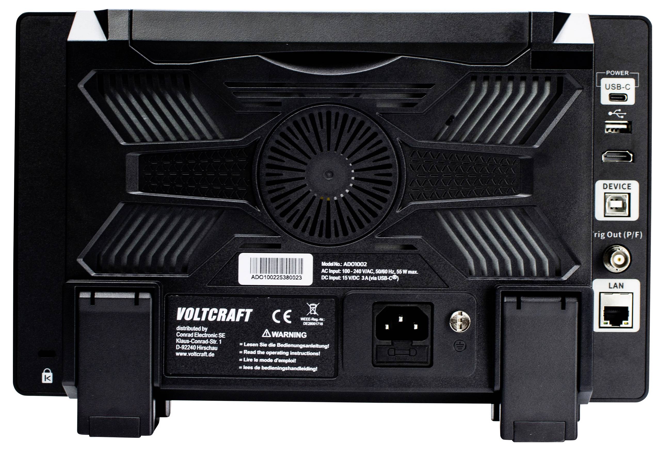 Rückansicht eines Voltcraft-Geräts mit Anschlüssen und Verbindungsoptionen, darunter USB-C, LAN und Stromeingang, mit angebrachtem Ständer.