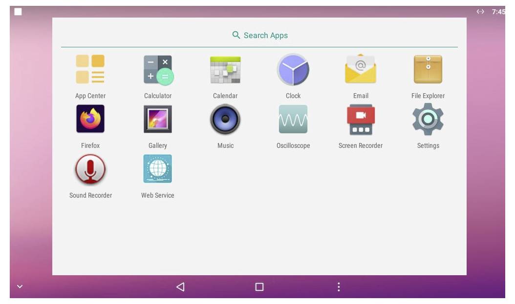 Ein Tablet-Bildschirm, der ein Raster von App-Symbolen zeigt, einschließlich Rechner, Kalender, Uhr, E-Mail und Einstellungen, mit einer Suchleiste 