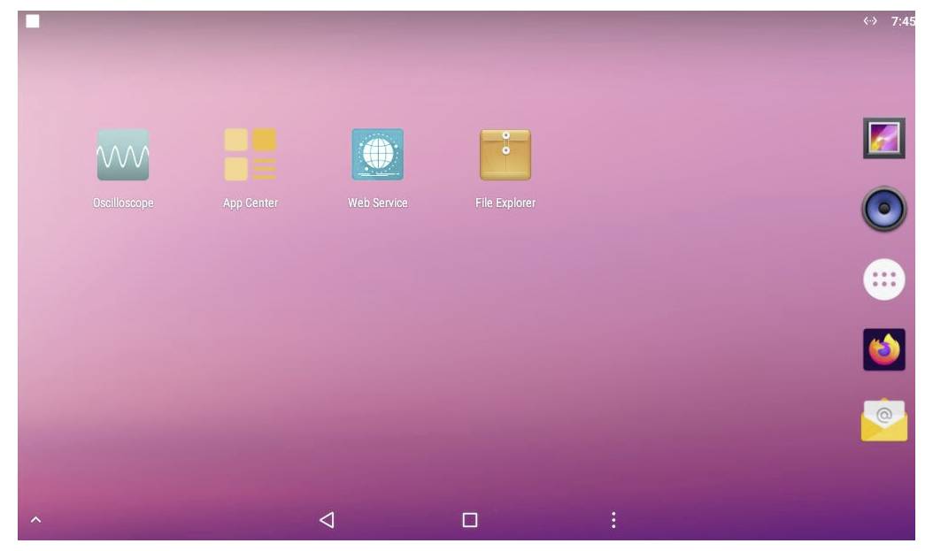 Tablet-Startbildschirm mit Icons für DeskScope, App Center, Webdienst und Datei-Explorer auf einem rosa Hintergrund.
