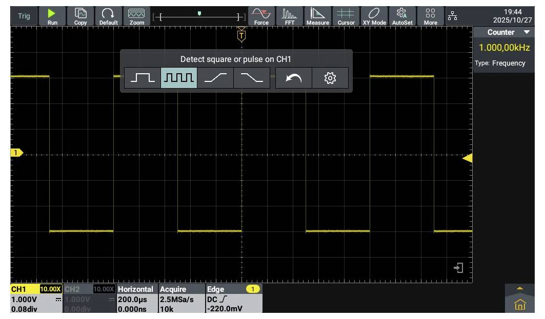 Ein Oszilloskopbildschirm zeigt eine Wellenform und deutet auf eine Frequenz von 1,000 kHz hin. Das Werkzeugmenü schlägt vor, Rechteck- oder Impulswellenformen zu erkennen.
