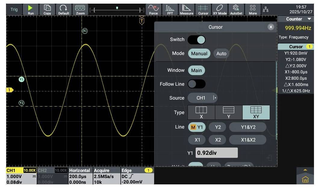 Grafische Oszilloskop-Anzeige mit einer Sinuswelle bei 999,994 Hz. Bedienfeld rechts ermöglicht Einstellungen zu Modus, Quelle und Cursorposition.