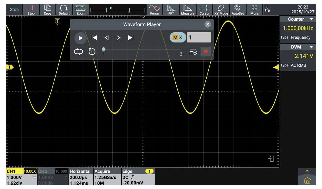 Oszilloskop-Bildschirm zeigt eine Sinuswelle mit einer Frequenz von 1.000,00 kHz und einer Amplitude von 2,141 V AC RMS. Zeitbasis ist 200 µs.