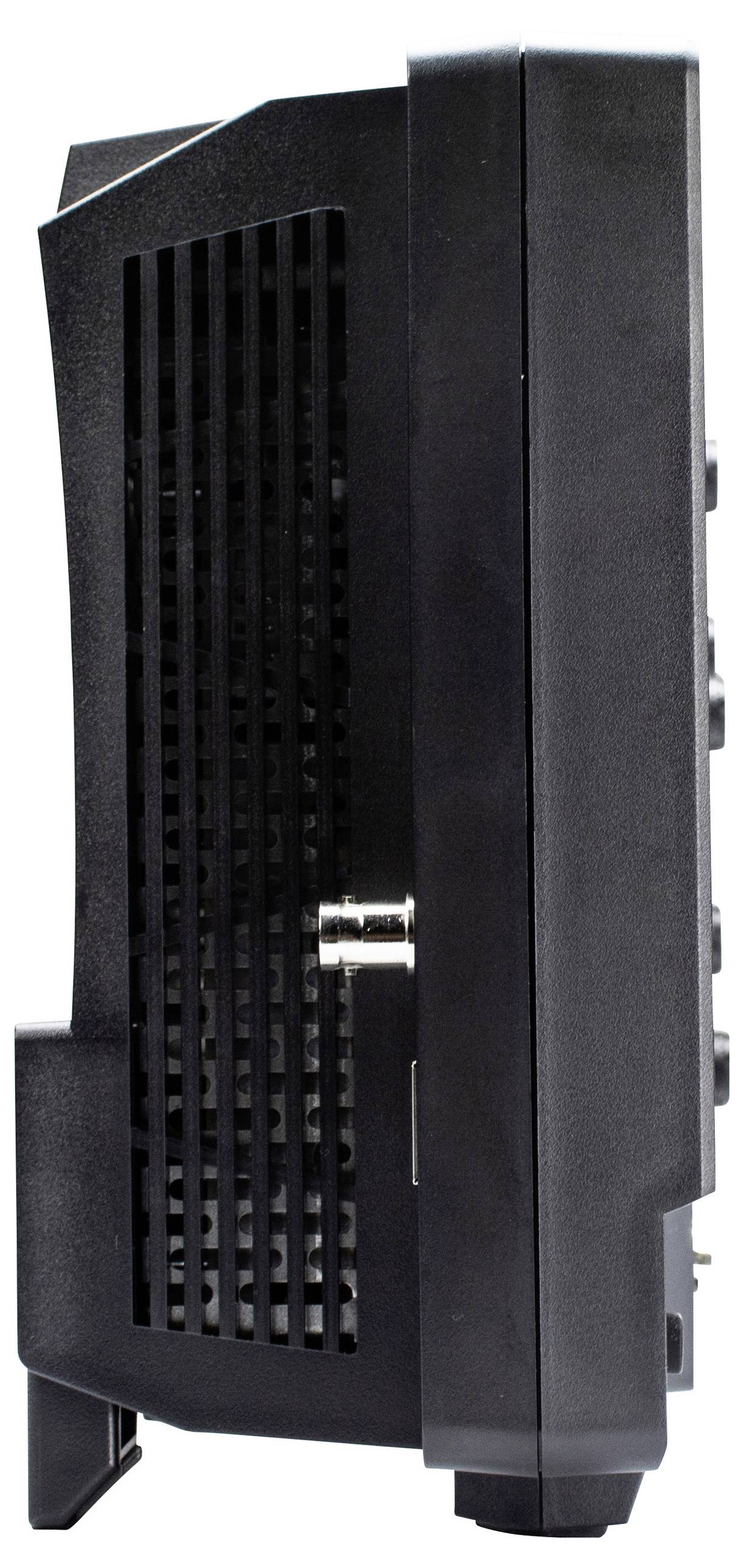 Ein schwarzes elektronisches Gerät mit vertikaler Konstruktion, das einen geschlitzten Lüftungsschlitz und mehrere Anschlussports an der Seite aufweist.