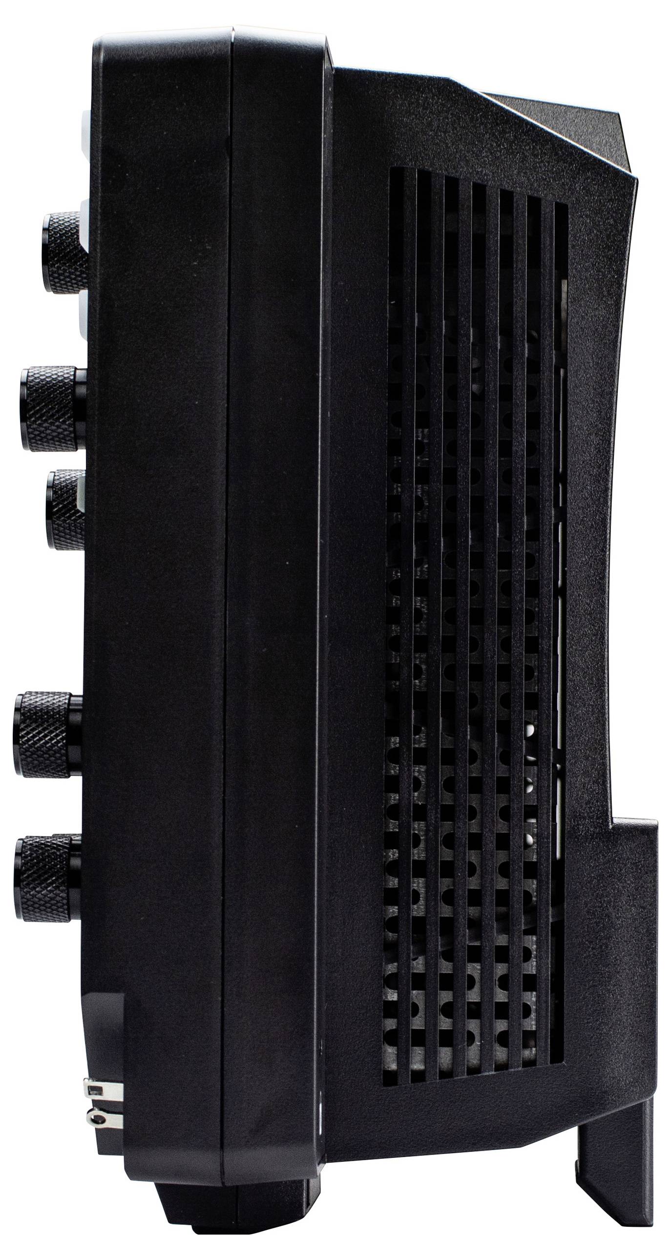 Ein schwarzes elektronisches Gerät mit fünf Knöpfen an der Seite und Belüftungsöffnungen zur Kühlung, höchstwahrscheinlich ein Gitarren-Verstärker oder ähnliche Audioausrüstung.