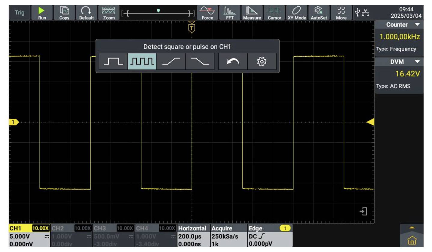 Wellenformdarstellung auf Oszilloskopbildschirm, zeigt Rechtecksignalmuster. Frequenz: 1,0000 kHz, DVM: 16,42 V, AC RMS.