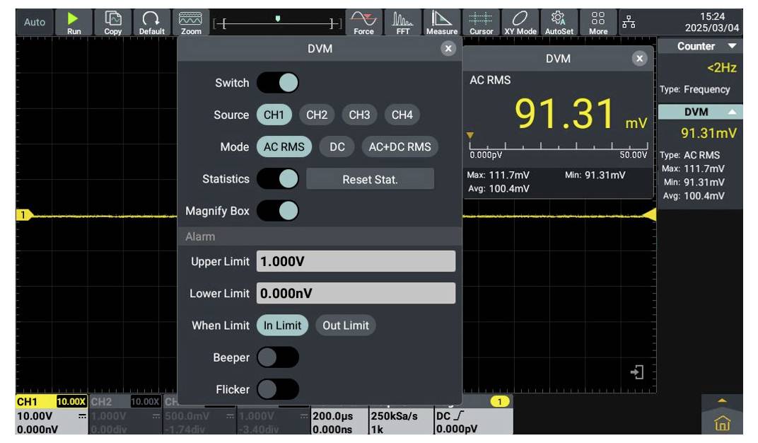 Oszilloskop-Bildschirm, der eine Wellenform darstellt. Haupteinstellungen: Quelle CH1, Modus AC RMS, Obere Grenze 1,000V, Untere Grenze 0,000V.