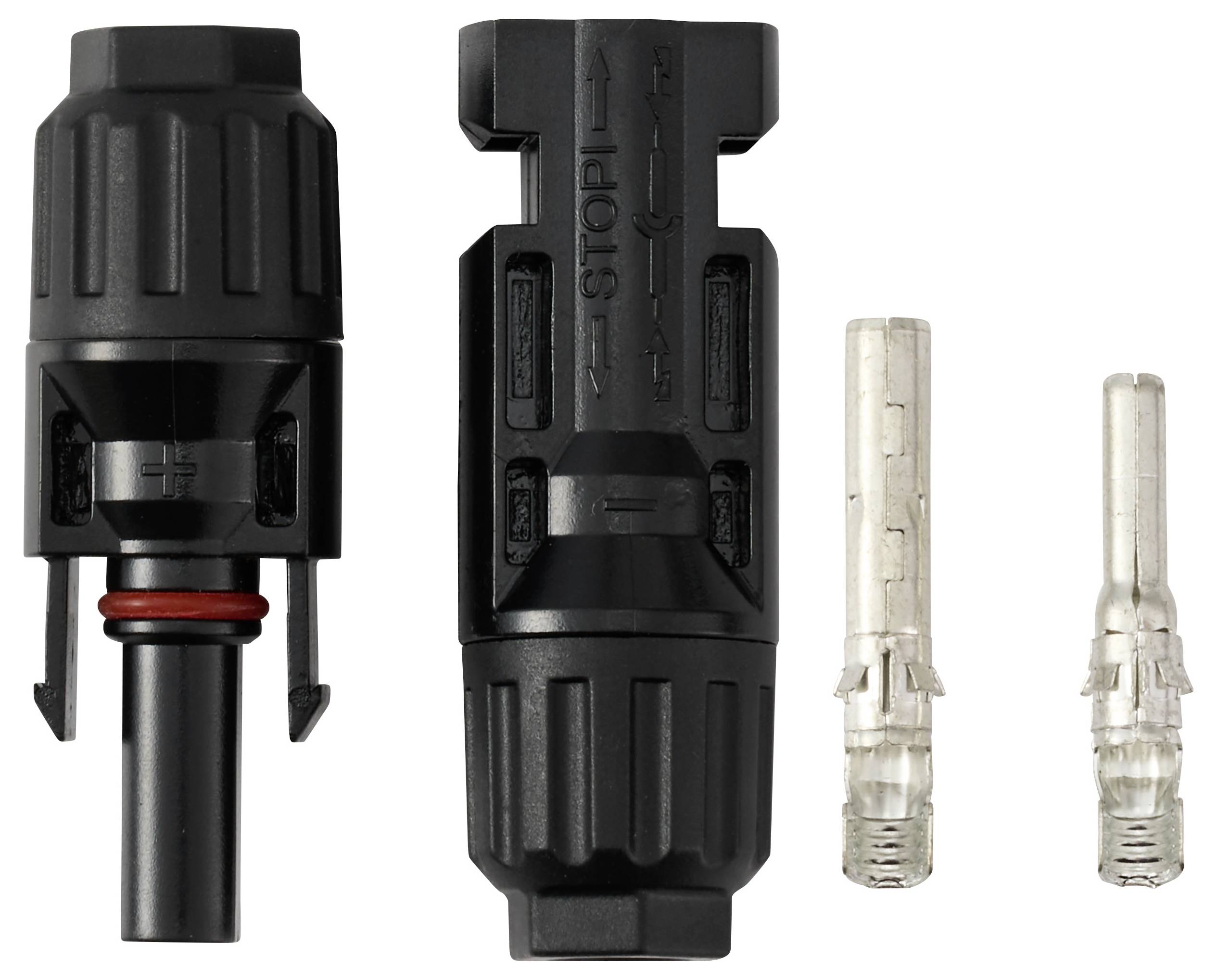 MC4-Steckersatz mit männlichen und weiblichen Kunststoffsteckern mit Metallanschlüssen zum Verbinden von Solarmodulen.