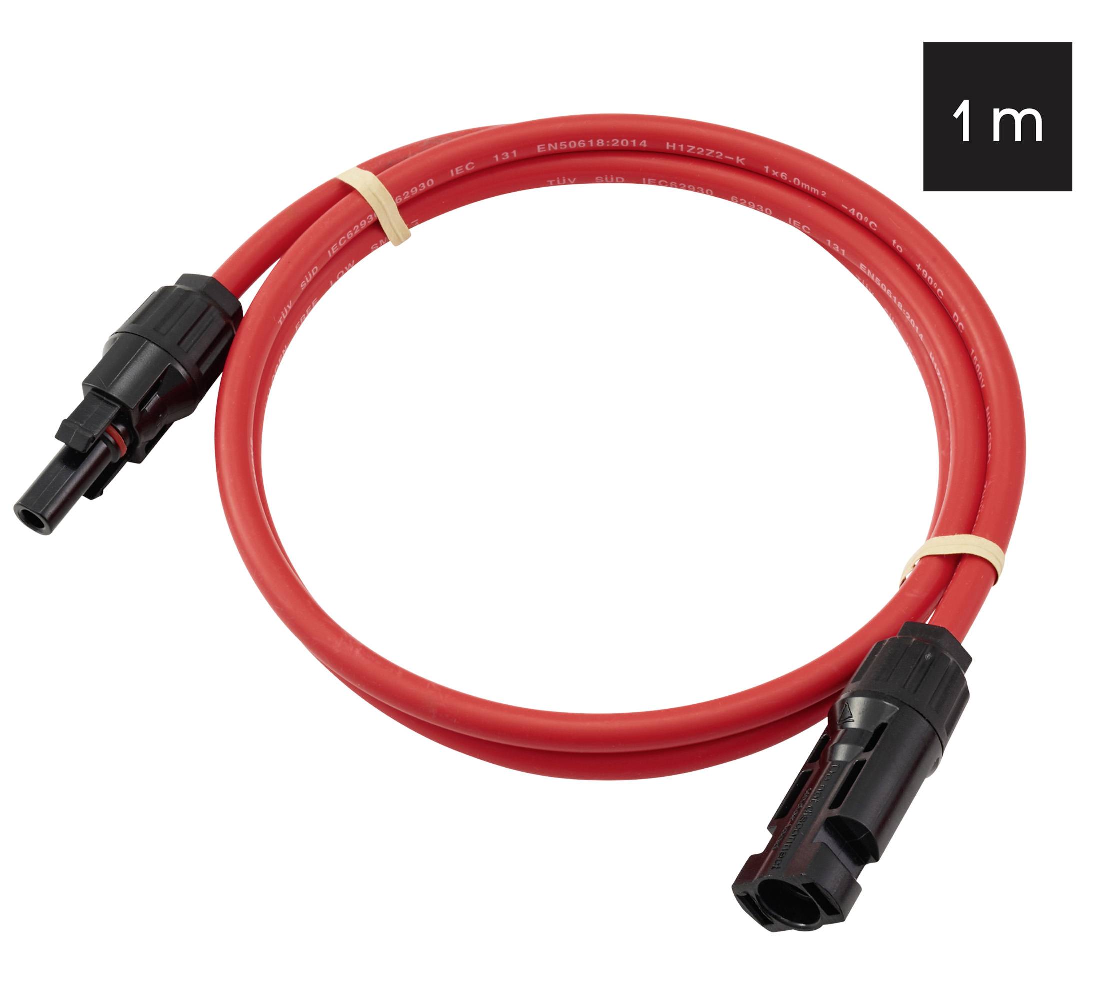 Ein roher elektrischer Kabel mit schwarzen Anschlüssen, die in einem Kreis geformt sind und mit '1 m' markiert, was seine Länge angibt.