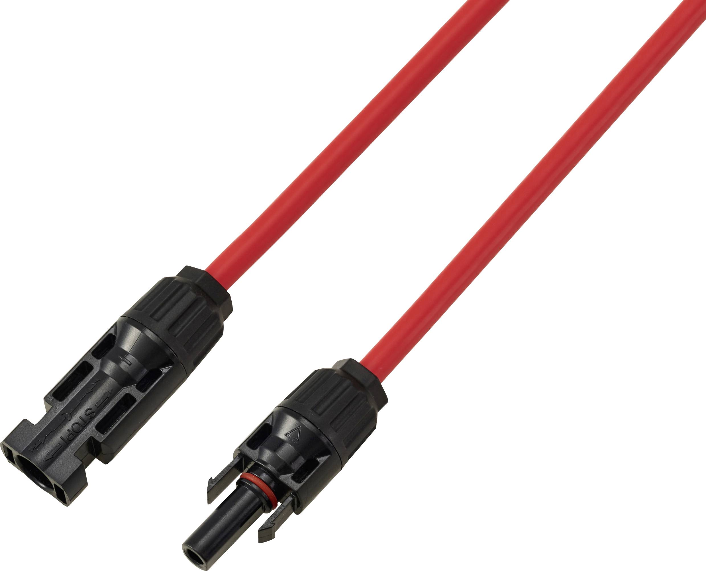 Ein rotes elektrisches Kabel mit schwarzen Anschlüssen an beiden Enden, das häufig für Solarmodul-Verbindungen verwendet wird, isoliert auf weißem Hintergrund dargestellt.