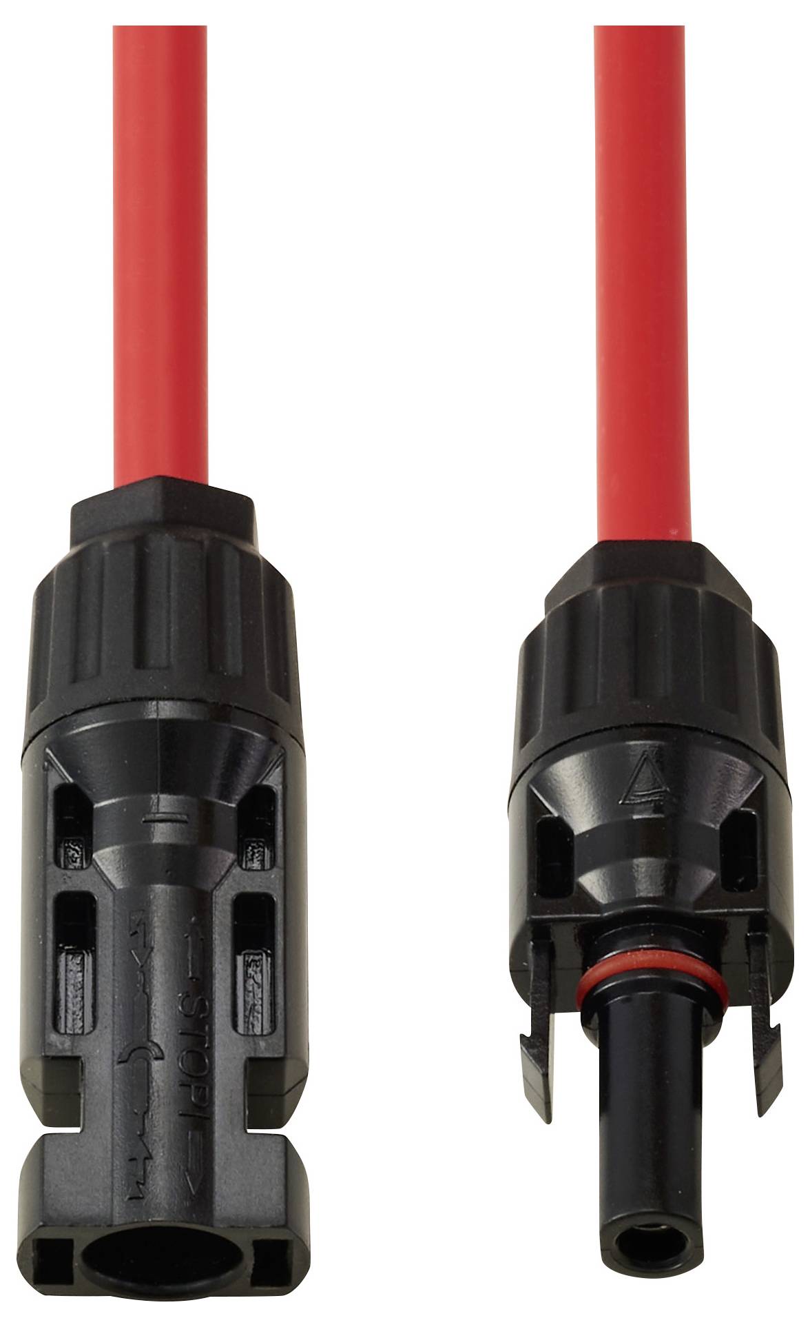 Zwei Solarstecker mit roten Kabeln, einer männlich und einer weiblich, vertikal ausgerichtet.