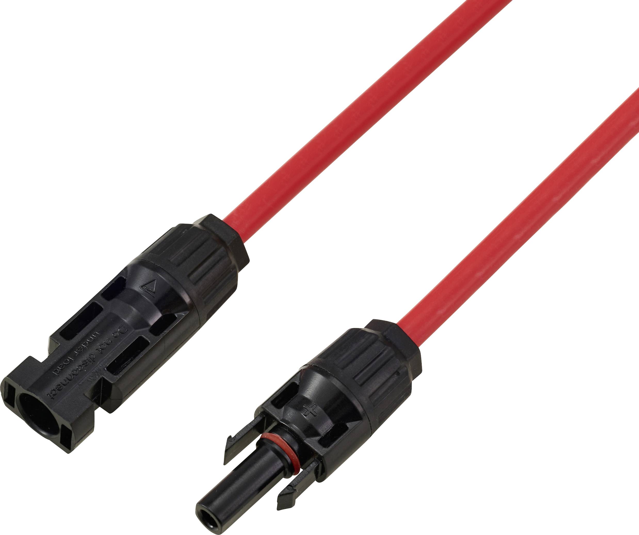 Rotes Elektrokabel mit schwarzen Steckverbindern an beiden Enden, verwendet für Solaranlageninstallationen.