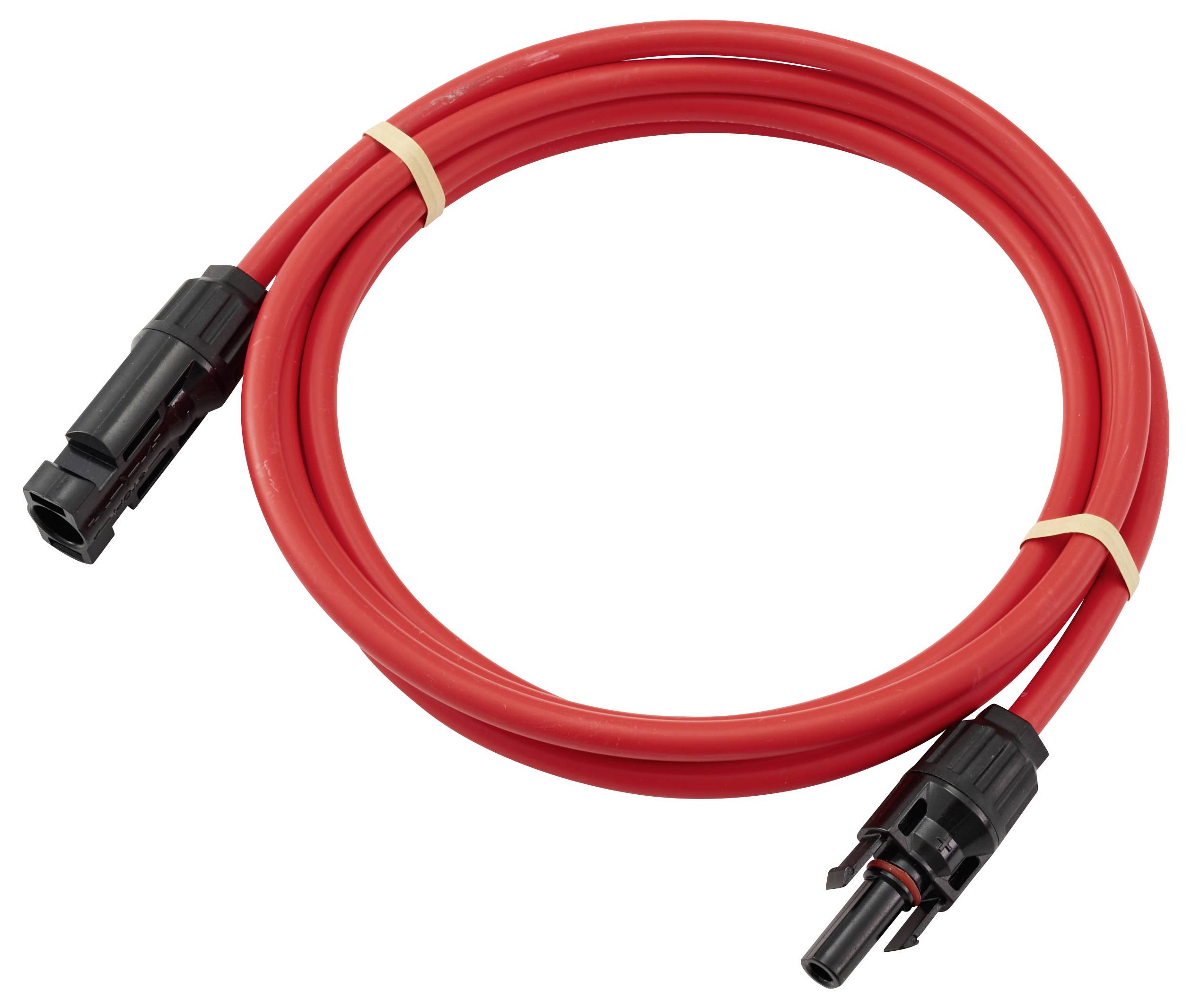 Ein aufgewickeltes rotes elektrisches Kabel mit schwarzen Anschlüssen an beiden Enden und einem beigefarbenen elastischen Band, das es zusammenhält.