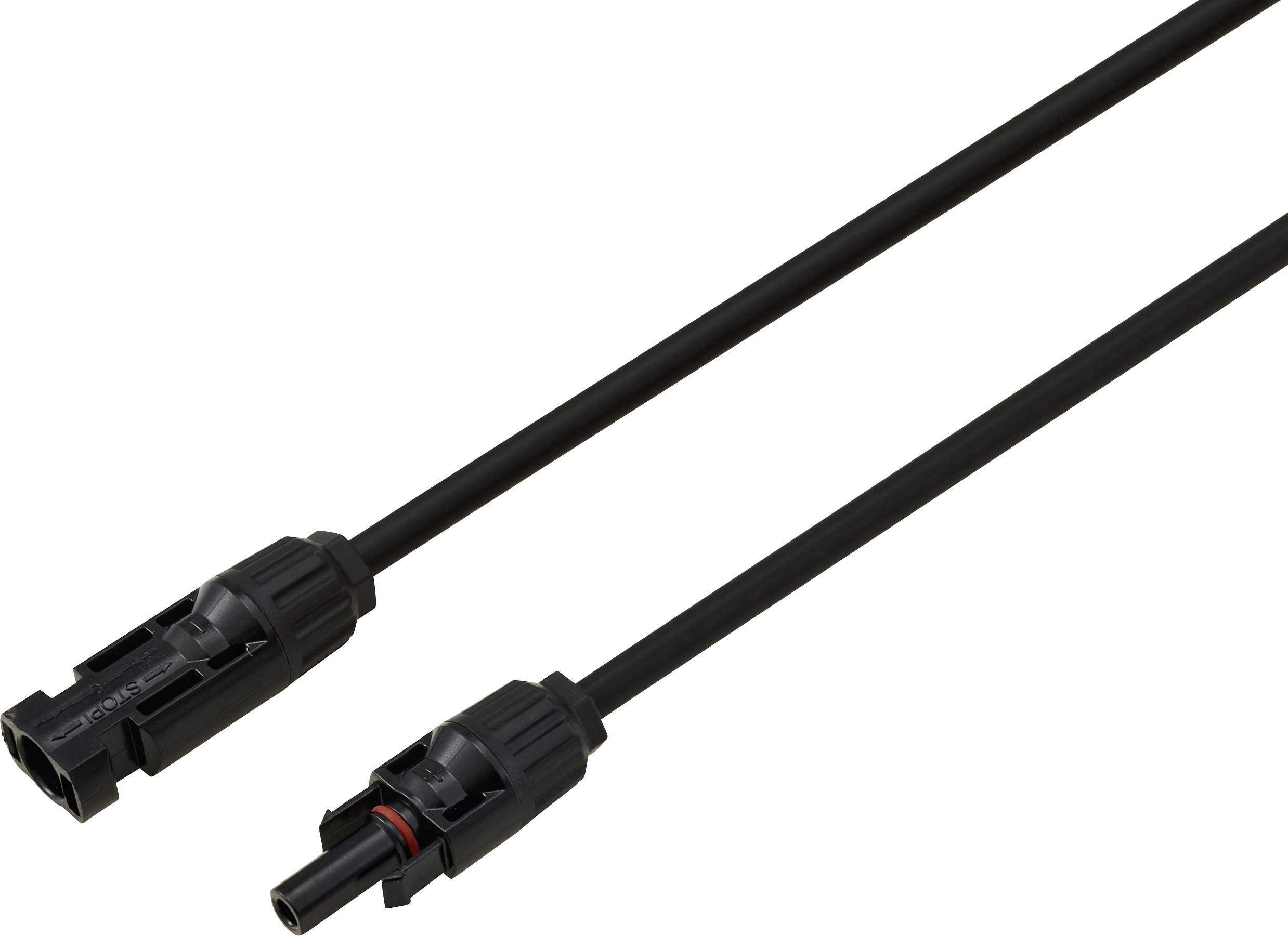 Ein schwarzes elektrisches Kabel mit zwei Anschlüssen an beiden Enden, das einen Standard-Stecker und eine Steckdose zum Verbinden elektronischer Geräte zeigt.
