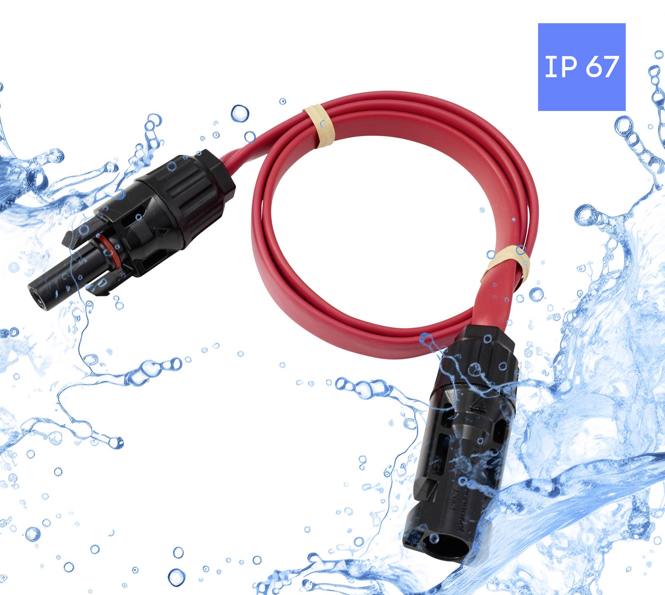 Ein rotes wasserdichtes Kabel vor einem Wasserspritzer-Hintergrund mit 'IP 67' in einer blauen Box, was auf einen hohen Schutzgrad deutet.