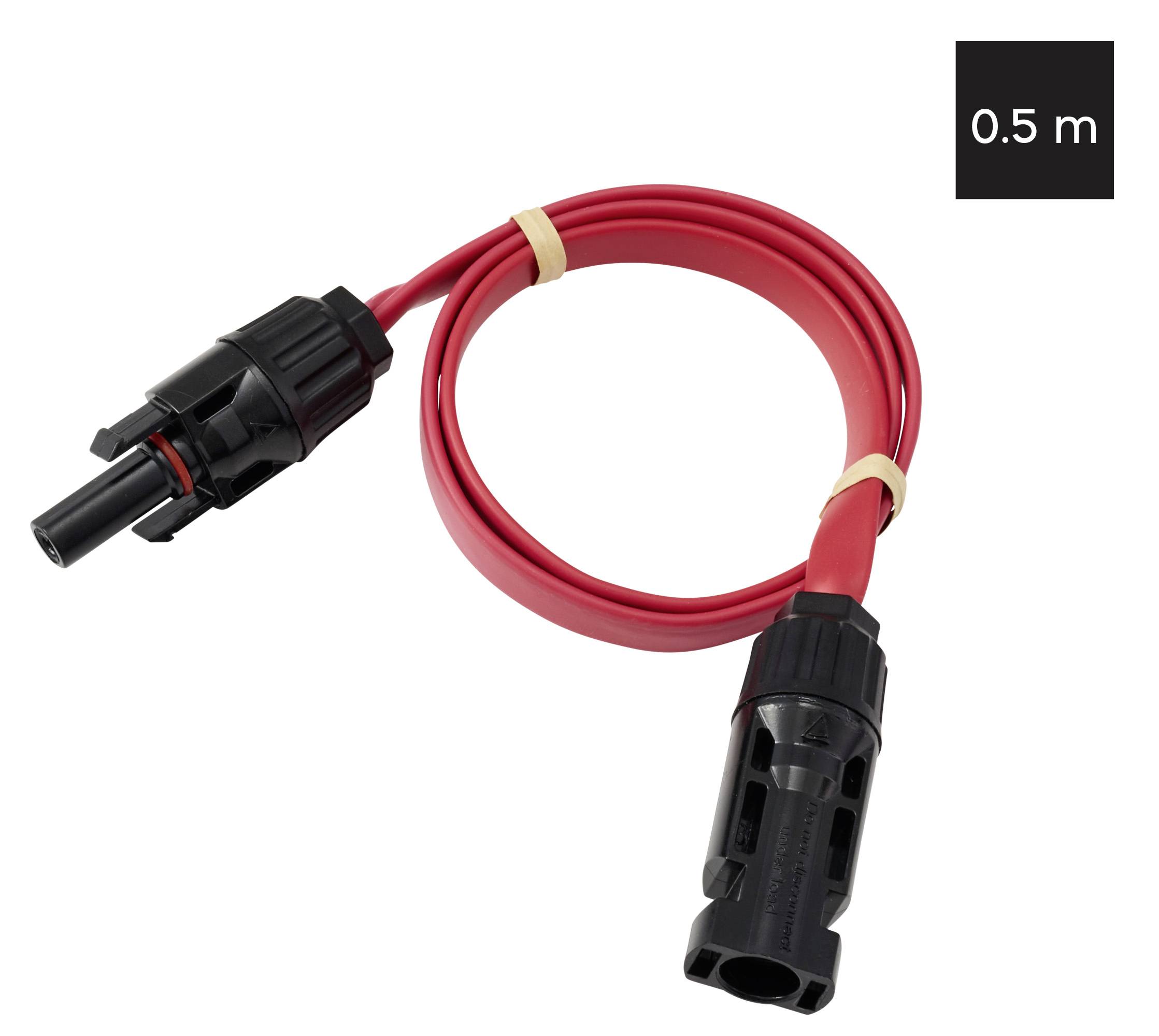 0,5 m rotes elektrisches Kabel mit männlichen und weiblichen Anschlüssen an jedem Ende, aufgerollt und mit Gummibändern befestigt.