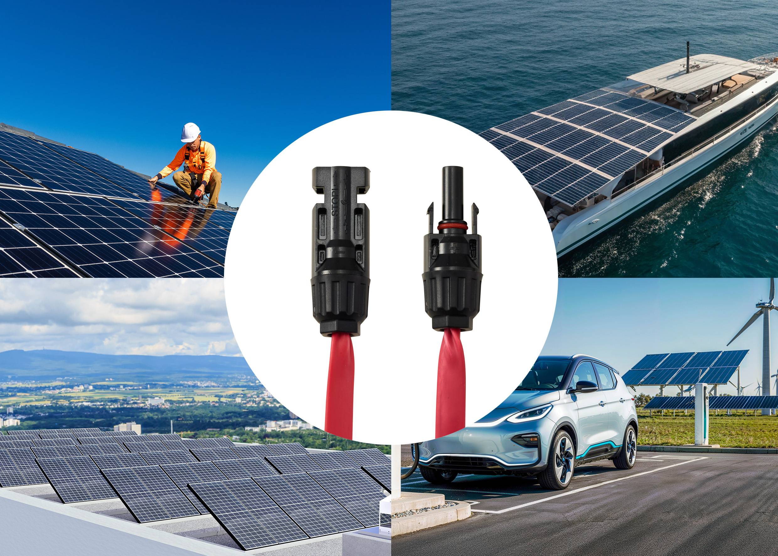 Verschiedene Szenen der Solarenergienutzung: eine Person auf Solarpanels, ein solarbetriebenes Boot, ein Solarpark und ein Auto in der Nähe von Solarpanels.