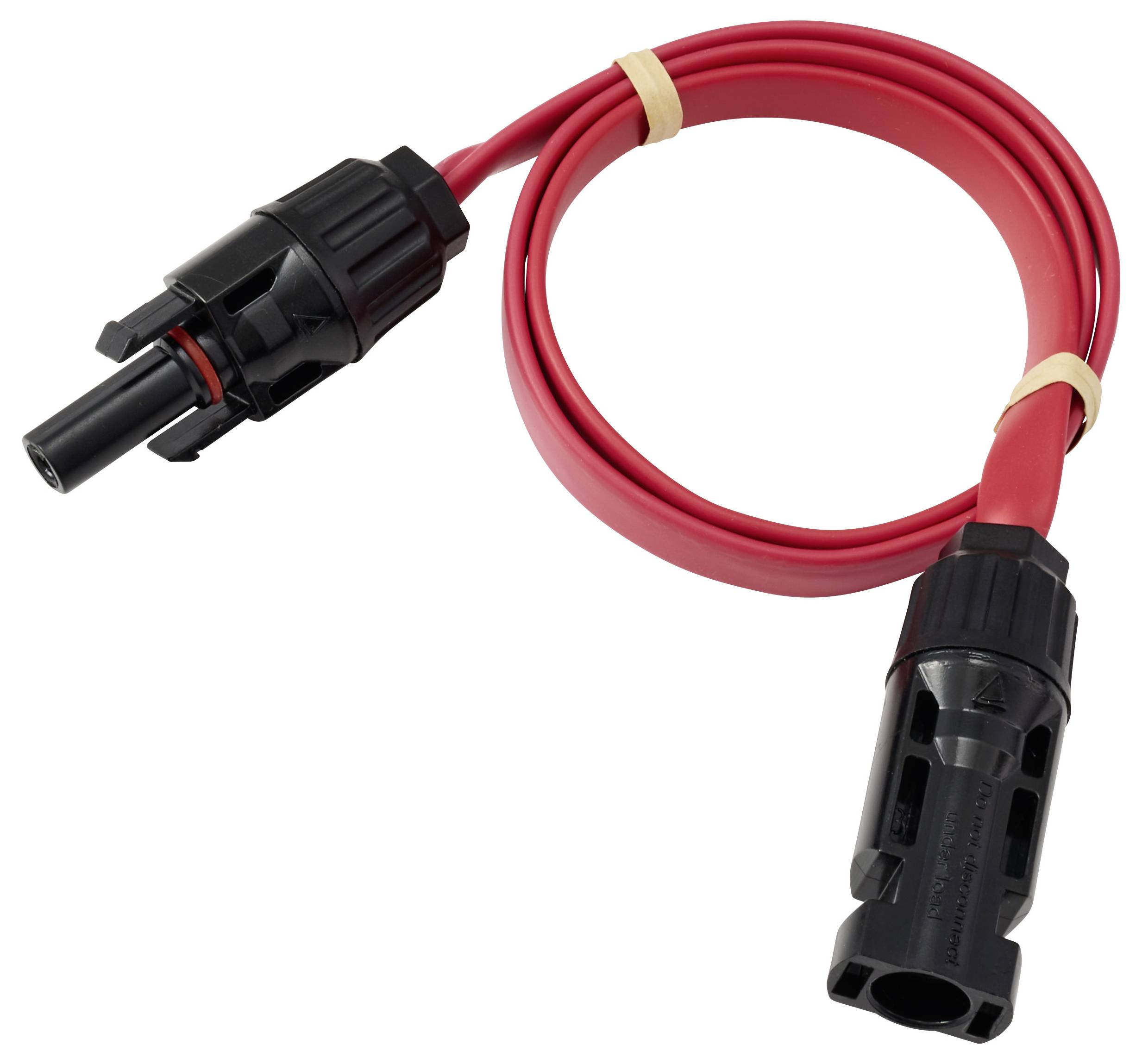 Ein rot-schwarzes elektrisches Anschlusskabel mit männlichen und weiblichen Anschlüssen, aufgewickelt und mit einem Gummiband gesichert.