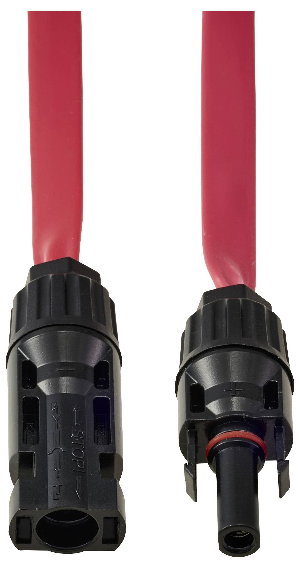 Zwei schwarze elektrische Steckverbinder mit roten Kabeln, die ein Stecker-Buchsen-Paar zeigen, die zur Verbindung elektrischer Stromkreise verwendet werden.