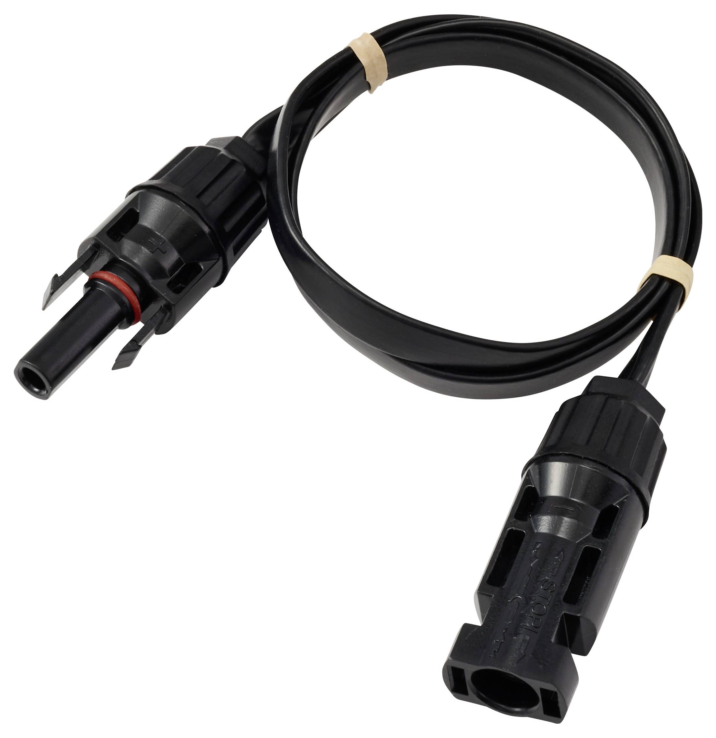 Ein schwarzes Solarpaneel-Kabel mit MC4-Steckern an beiden Enden, aufgerollt und mit einem beigen Riemen befestigt, zum Verbinden von Solarzellen.