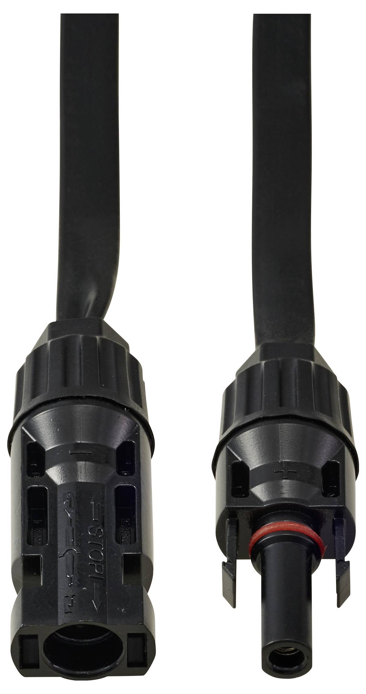 Zwei schwarze elektrische Verbinder mit zylindrischer Form, die männliche und weibliche Enden zum Verbinden von Kabeln aufweisen, werden von vorne betrachtet.