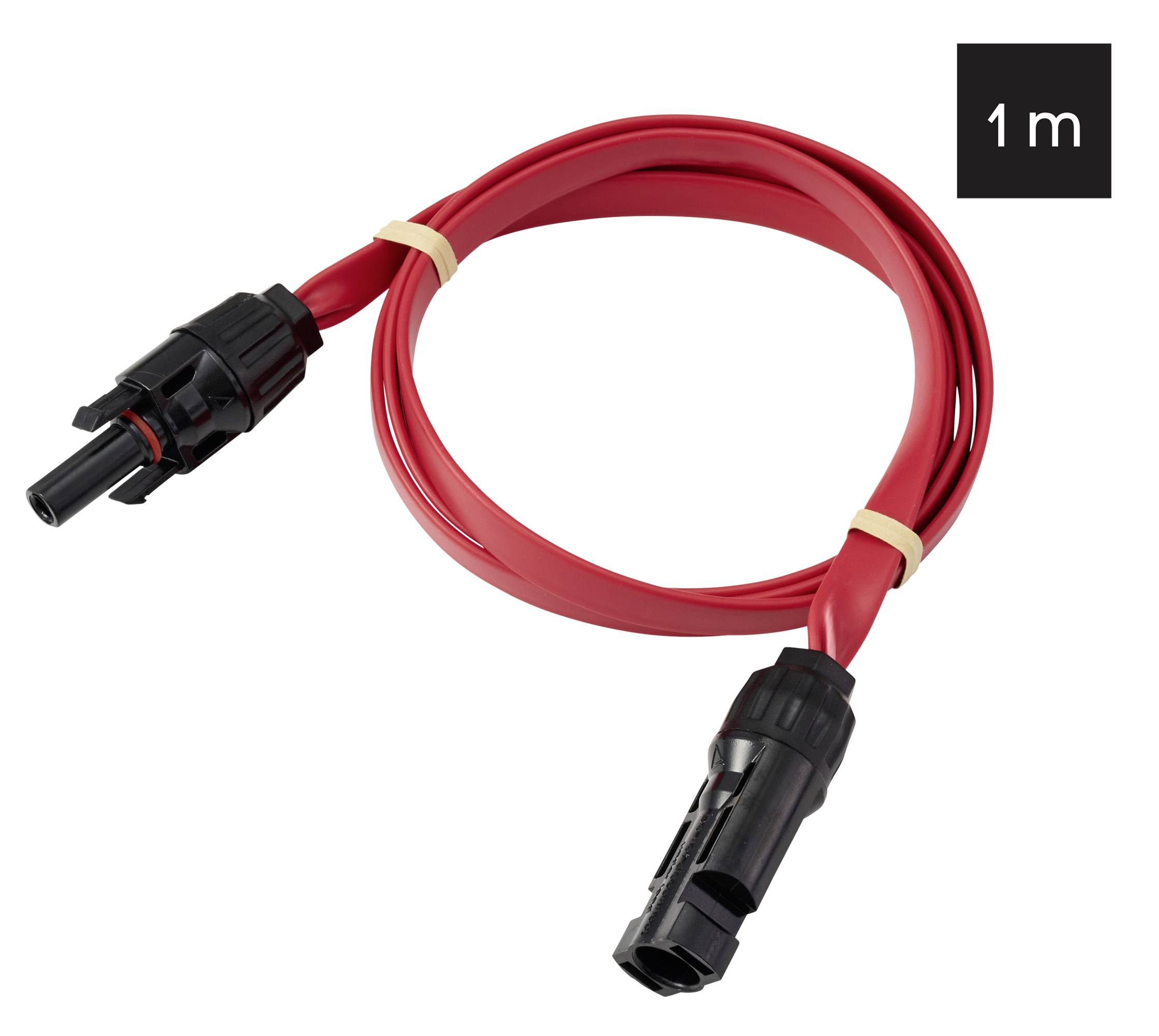 Ein rotes Kabel mit Anschlüssen an beiden Enden, 1 Meter lang, sorgfältig aufgewickelt.