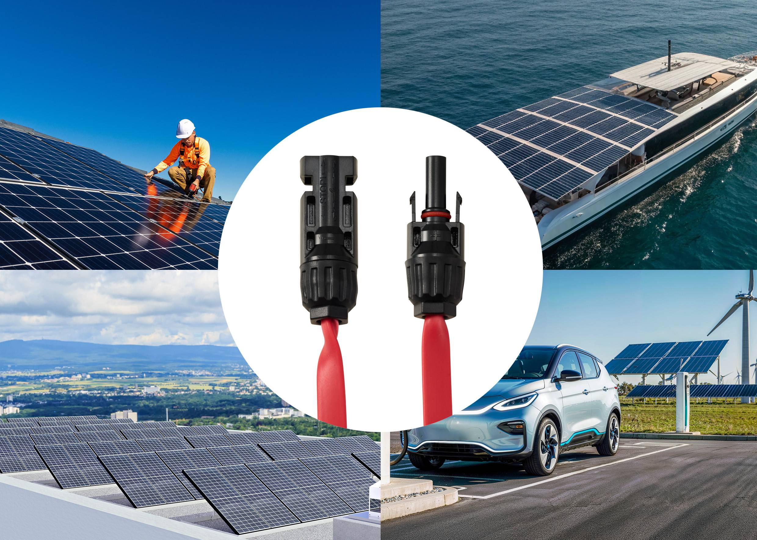 Eine Collage, die Anwendungen von Solarpanels zeigt: ein Arbeiter auf Panels, ein solarbetriebenes Boot, Panels auf einem Dach und ein Elektroauto beim Aufladen. Der zentrale Fokus liegt auf Solarsteckverbindern.