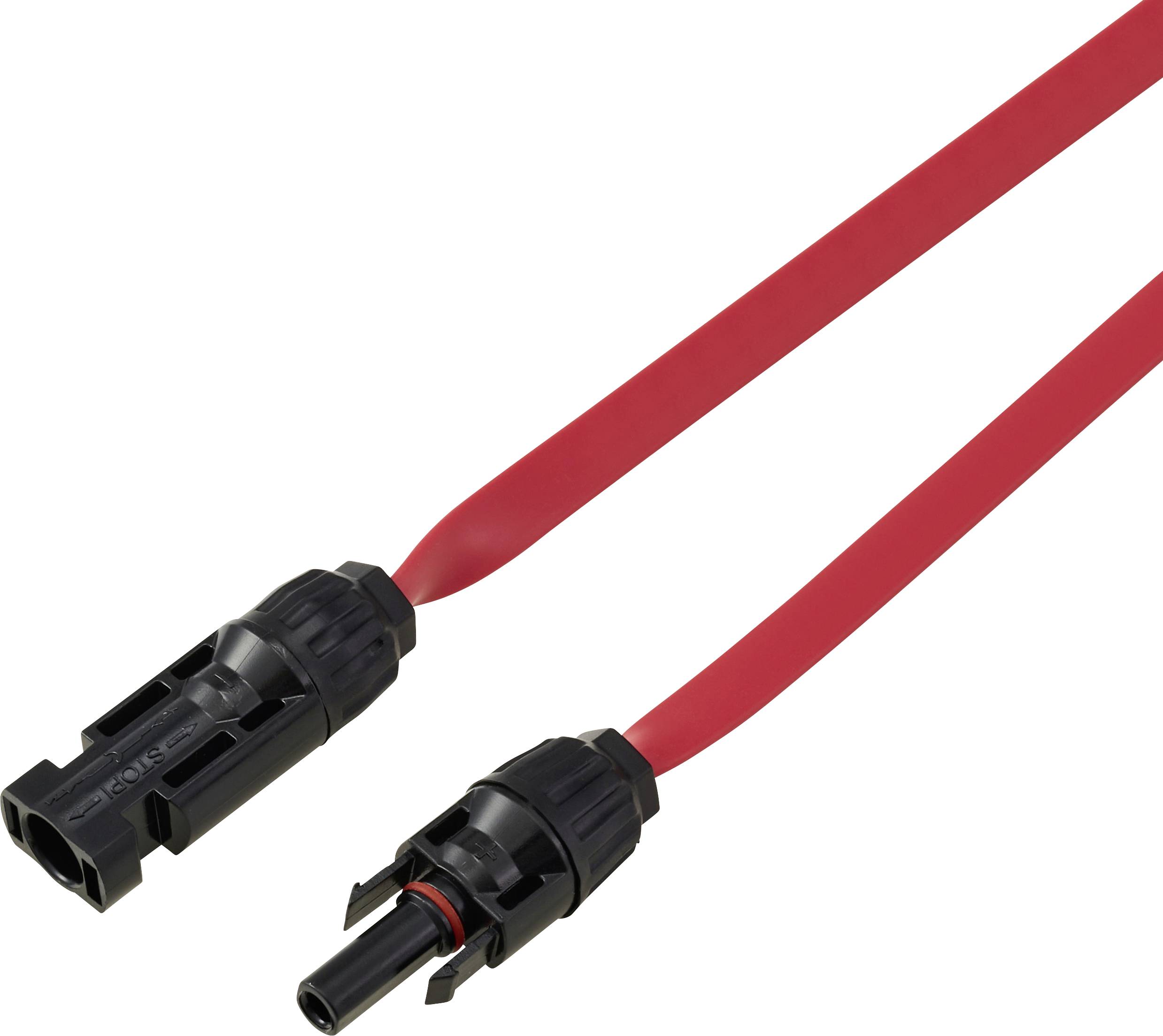 Ein Paar rote Solarkabel mit männlichen und weiblichen Anschlüssen an jedem Ende, entwickelt für die Verbindung von Solarzellen in einem Stromsystem.