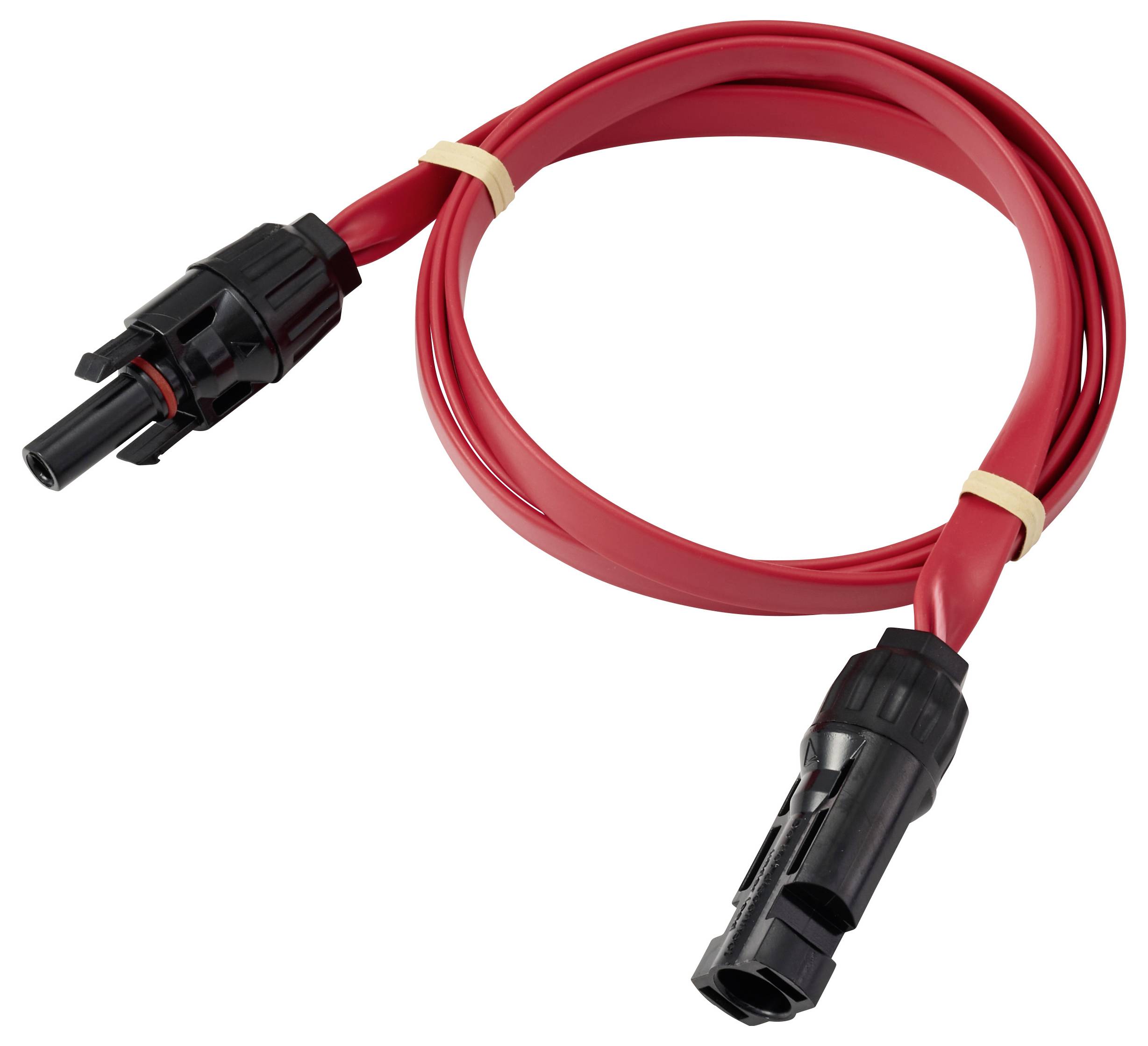 Ein roter elektrischer Kabel mit Anschlüssen an beiden Enden, aufgewickelt und von zwei Bändern gehalten, zur Verbindung von Komponenten in einem Stromversorgungssystem.