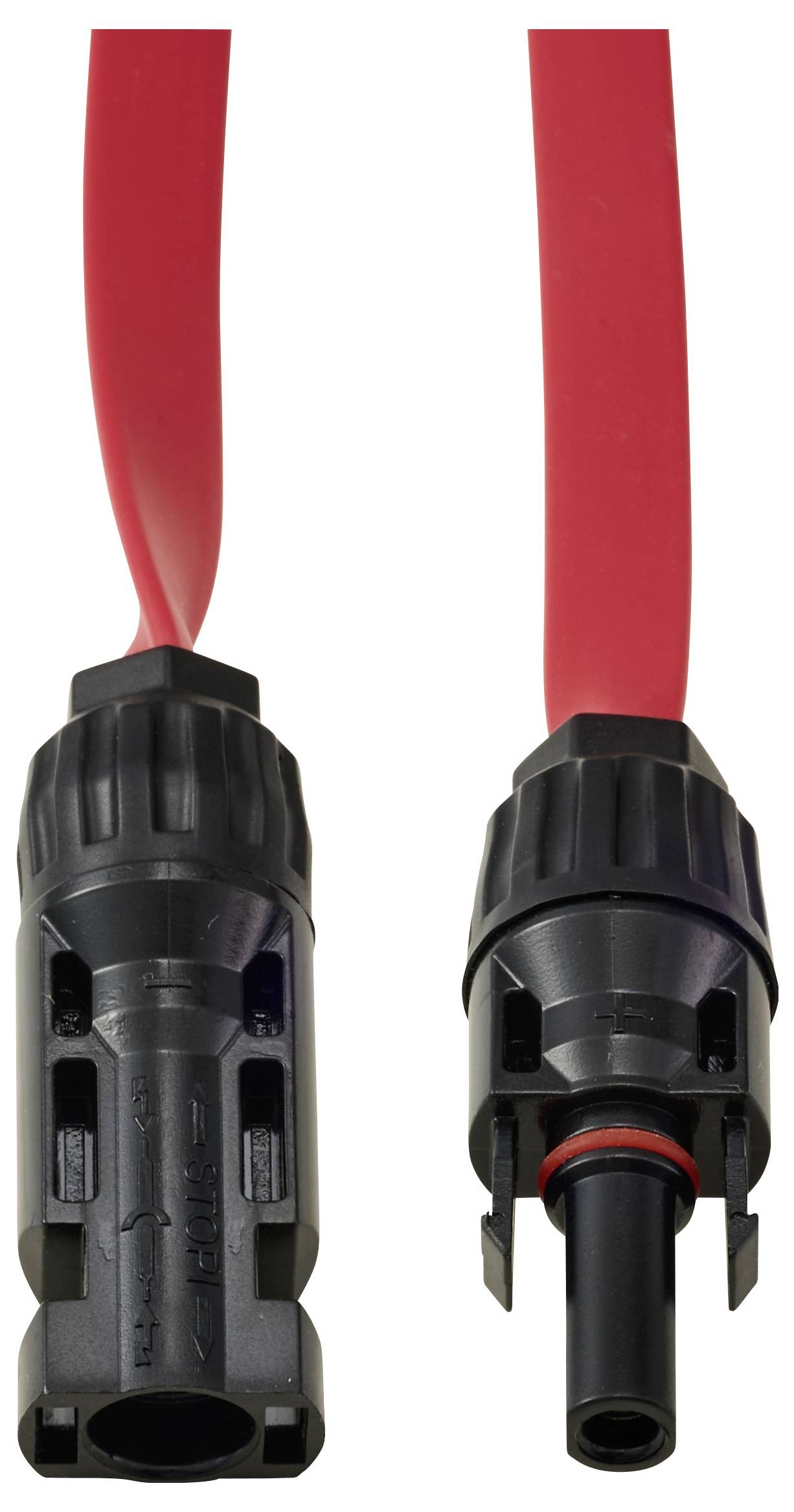 Zwei schwarze und rote elektrische Anschlüsse mit Kabeln vor einem weißen Hintergrund.