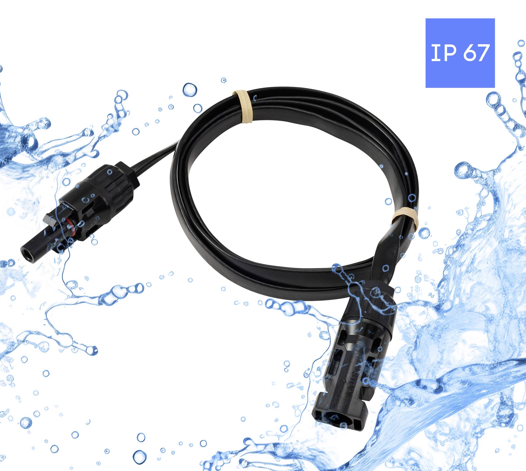 Ein wasserdichtes schwarzes Kabel mit Anschlüssen, umgeben von spritzendem Wasser, mit der Bezeichnung 