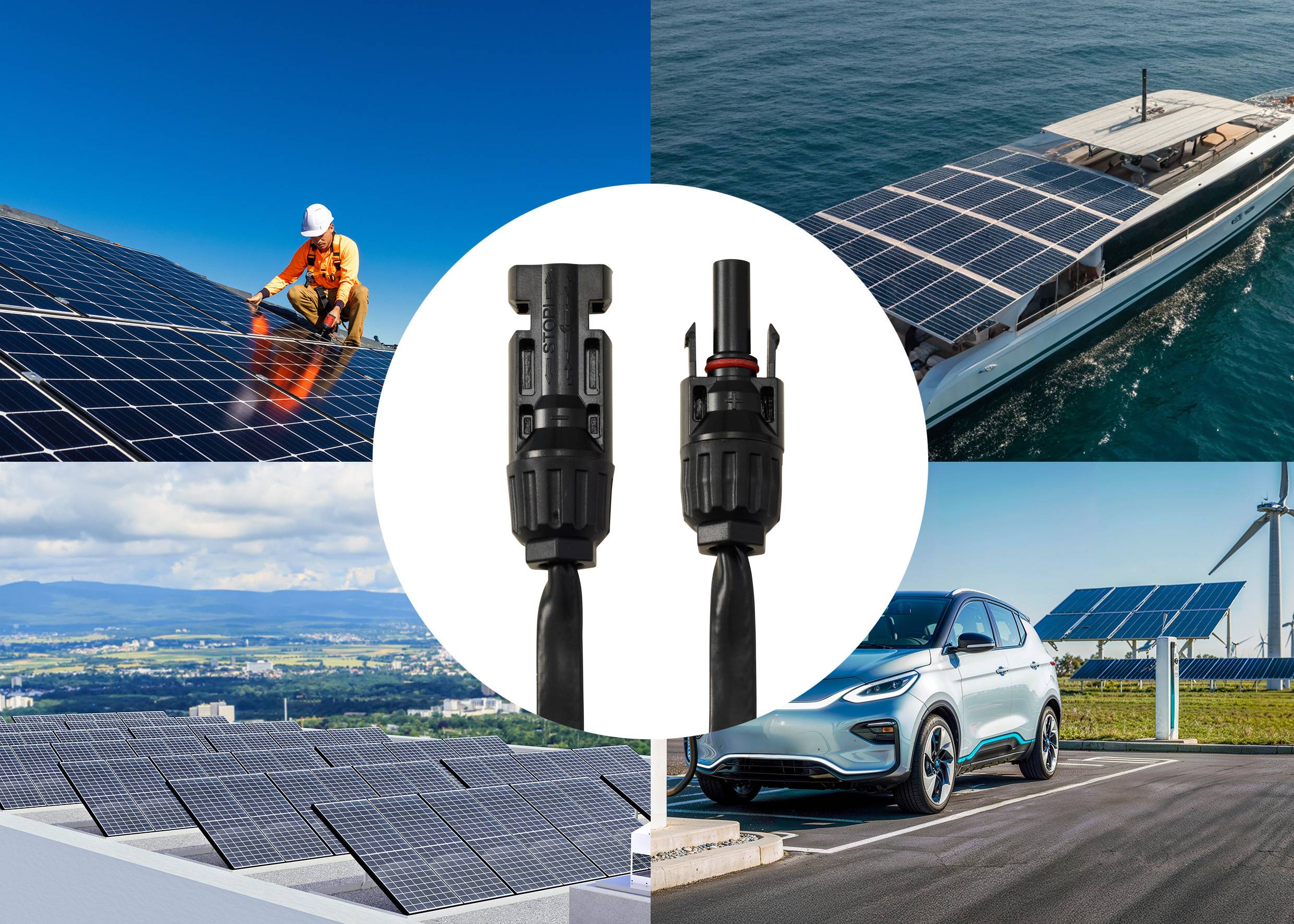 Eine Collage, die Solarpanels auf einem Dach, einem Boot, einem Feld und mit einem Elektroauto zeigt. In der Mitte befinden sich zwei Kabelanschlüsse für Solarausrüstung.