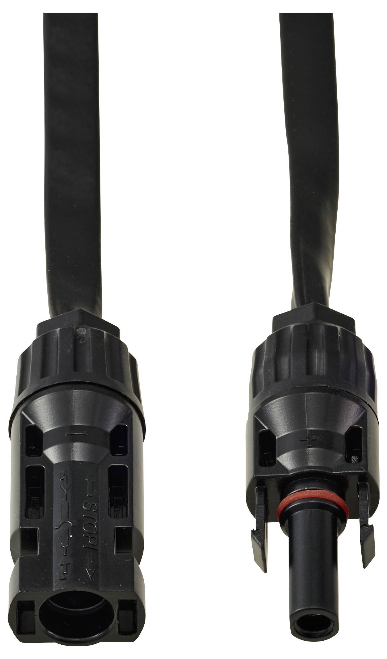 Zwei schwarze elektrische Anschlüsse mit angeschlossenen Kabeln. Der linke hat eine Buchse, der rechte einen Stift. Sie scheinen bereit zum Verbinden zu sein.