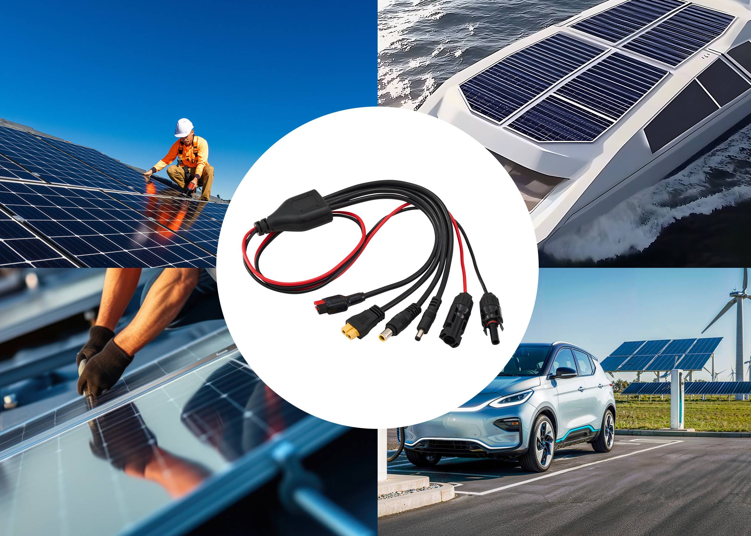 Ein Kollage von Solartechnologie: Arbeiter installiert Solarpanels, Solarboot auf dem Wasser, Elektroauto wird in der Nähe von Solarpanels aufgeladen, zentrale Kabelverbinder.