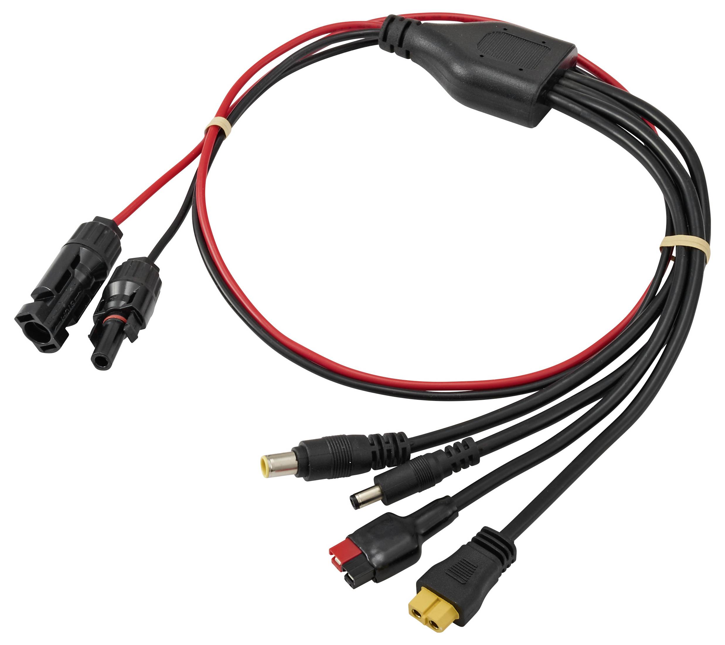 Ein Mehrfach-Ladekabel mit verschiedenen Anschlüssen, das für das Anschließen und Aufladen elektronischer Geräte entwickelt wurde.