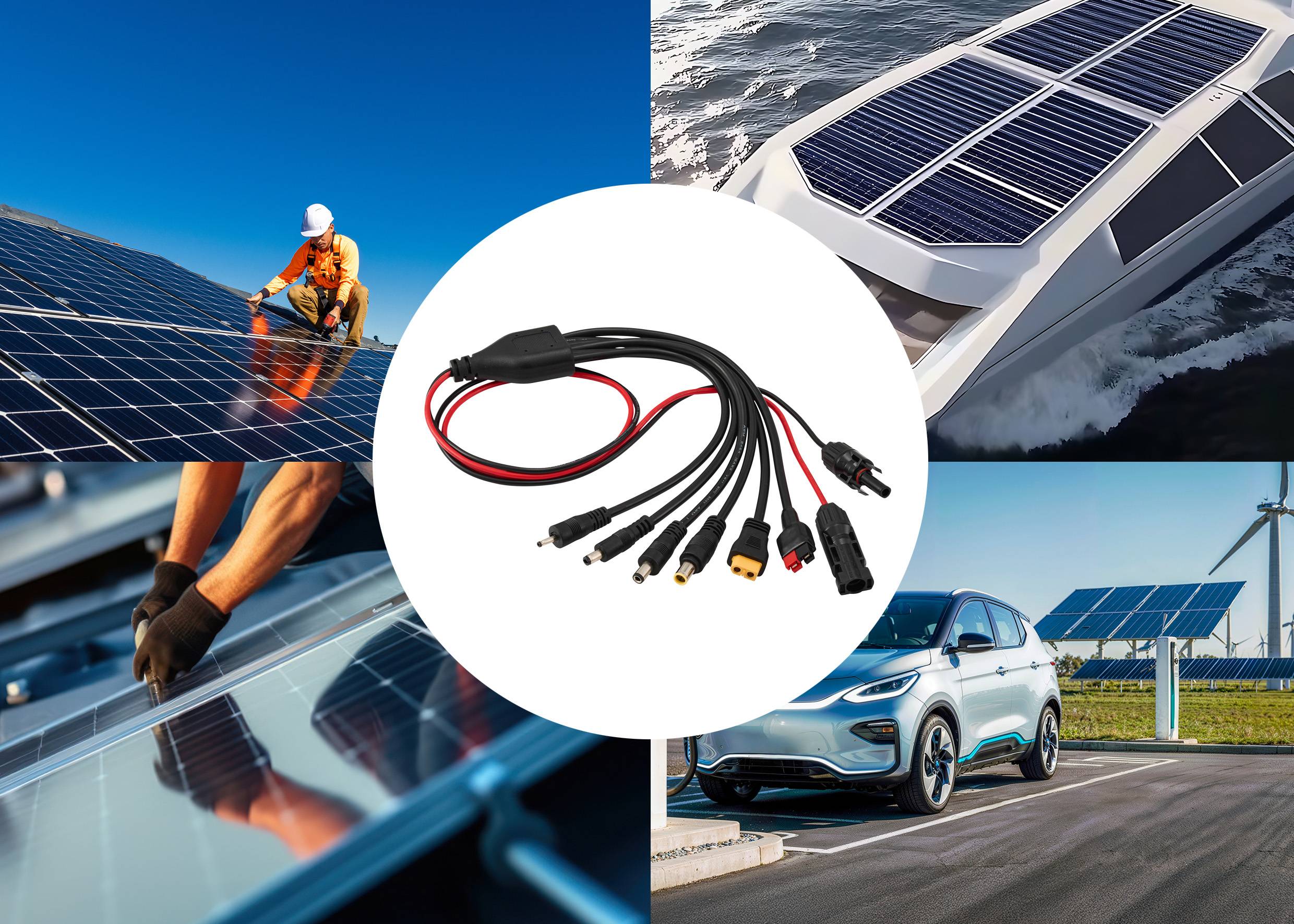 Solarzellen in verschiedenen Anwendungen: Dachinstallation, Boot mit Solardach, solar betriebene Ladestation für Elektrofahrzeuge, Solarverbinder.