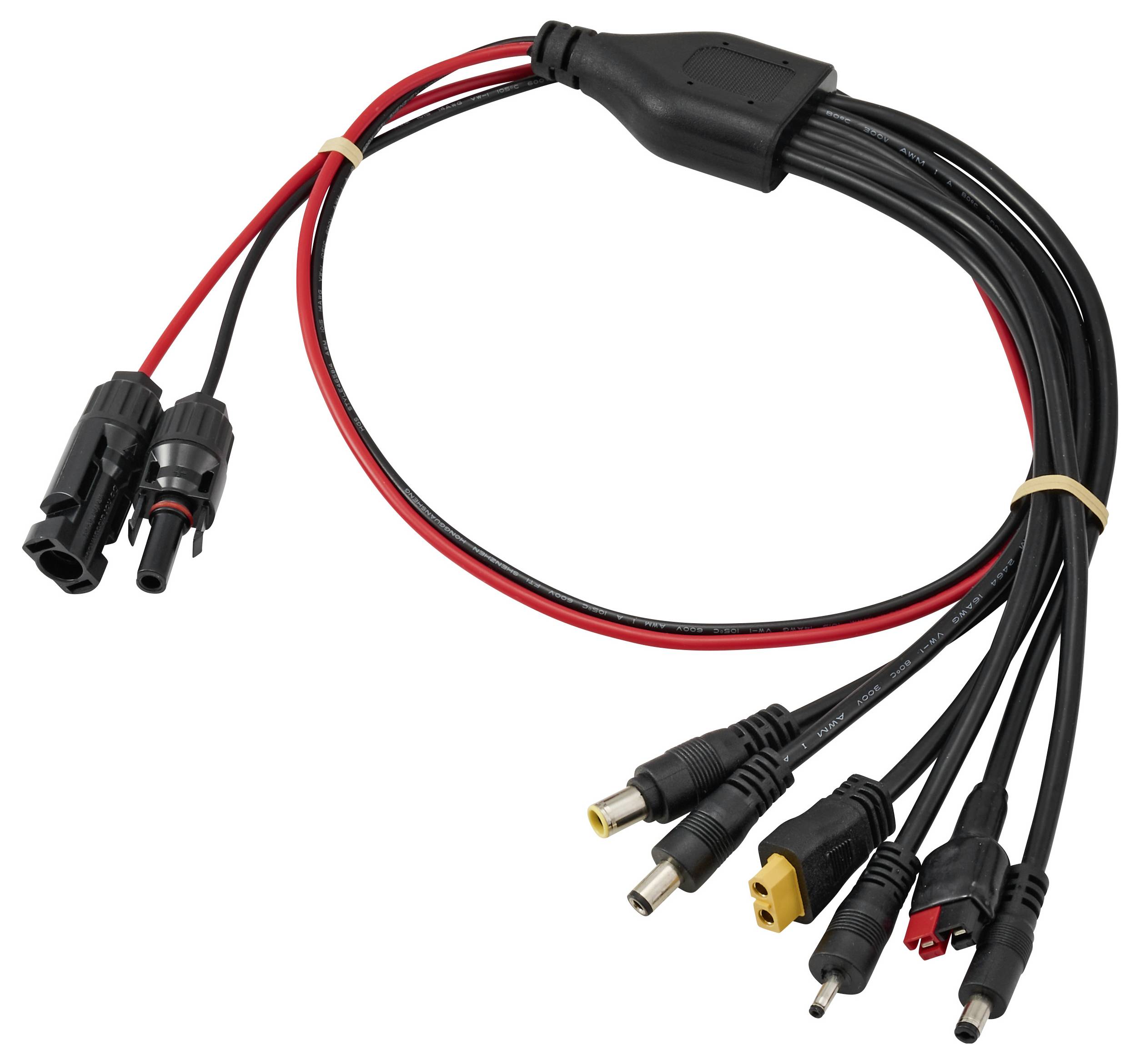 Multi-Verbindungsadapter-Kabel mit sieben verschiedenen Steckertypen, einschließlich Klinkenstecker und Klemmverbindungen, zusammen mit zwei Gummibändern.