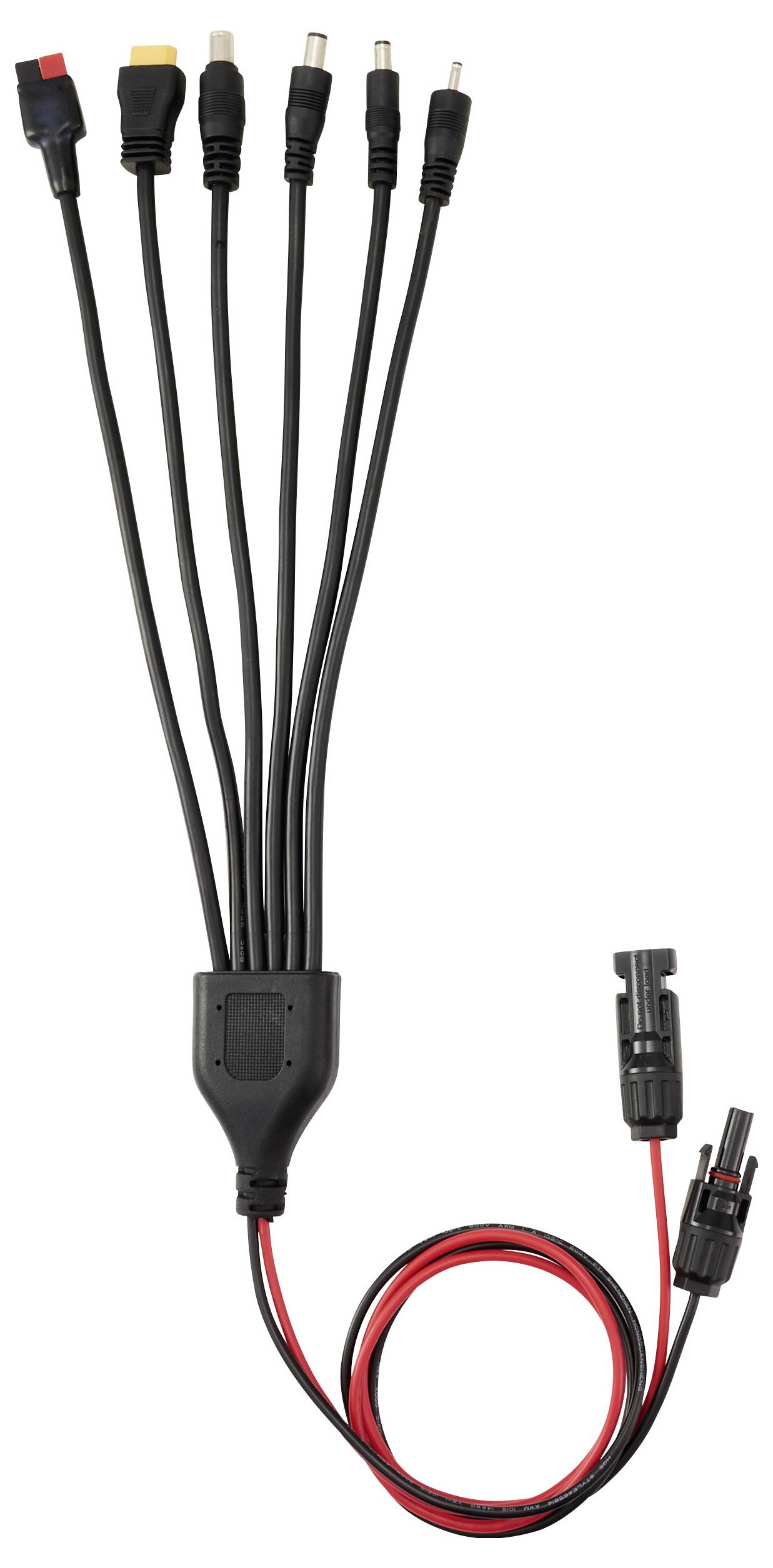 Ein Multi-Adapter-Kabel mit sieben verschiedenen Anschlüssen, die von einer einzigen Basis ausgehen und für das Aufladen verschiedener elektronischer Geräte konzipiert sind.