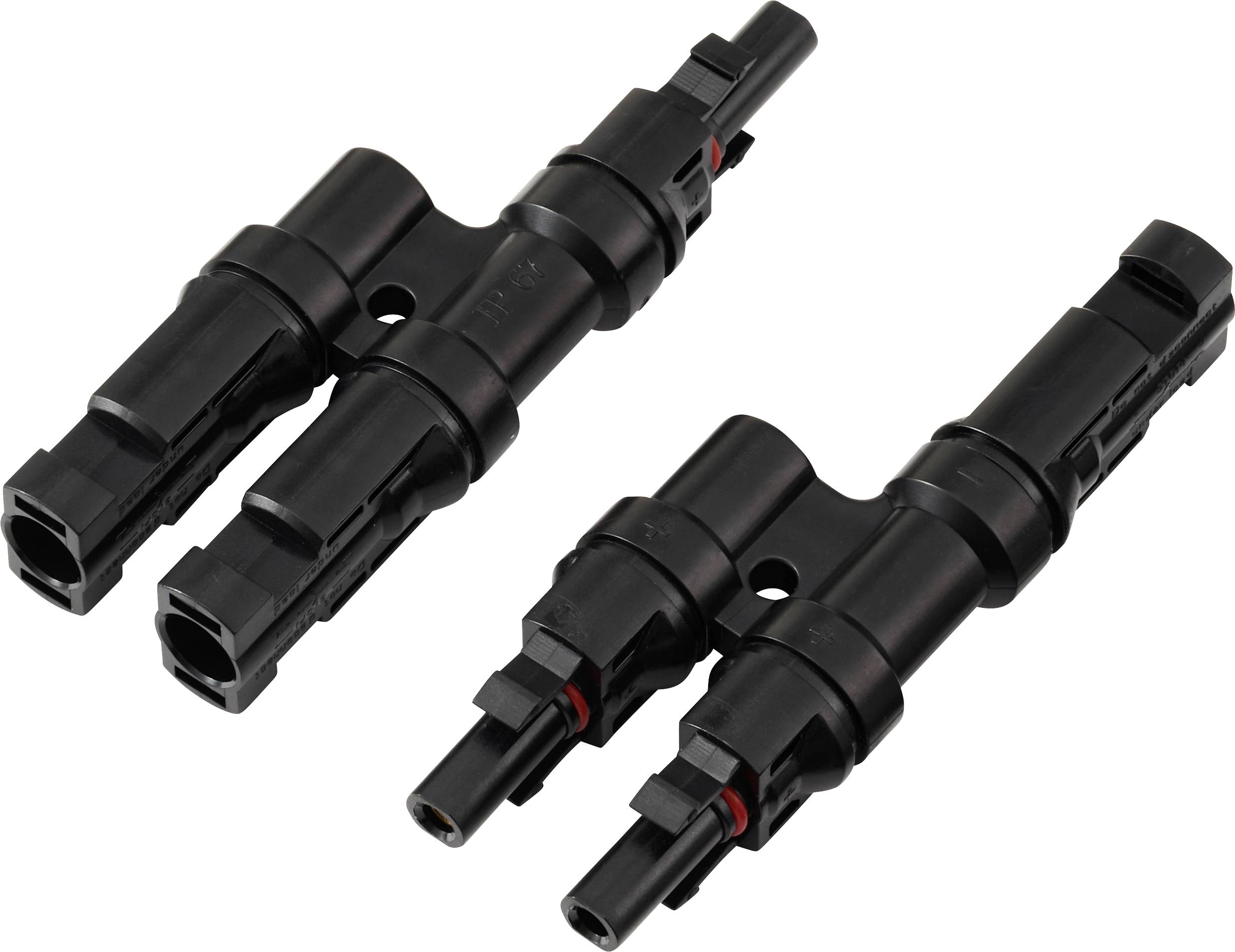 Ein Paar schwarze Solar-Kabelverbinder mit dualer Verdrahtungsfähigkeit, die zum Anschluss von Solarpanels verwendet werden, auf einem weißen Hintergrund.