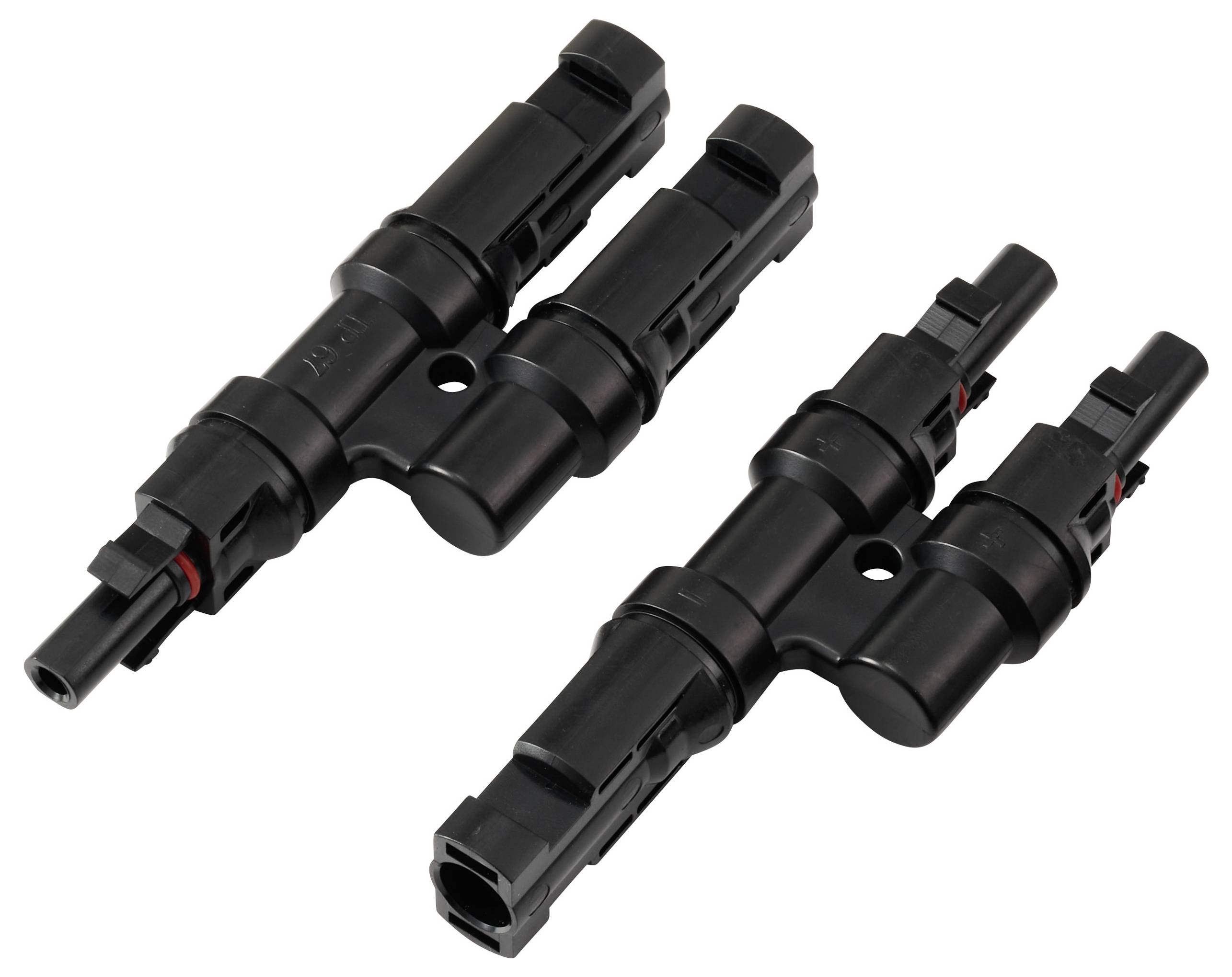 Zwei schwarze Kunststoffverbinder, jeweils mit mehreren verbundenen Teilen und einer zylindrischen Gestaltung, die für elektrische oder Solaranwendungen verwendet werden.