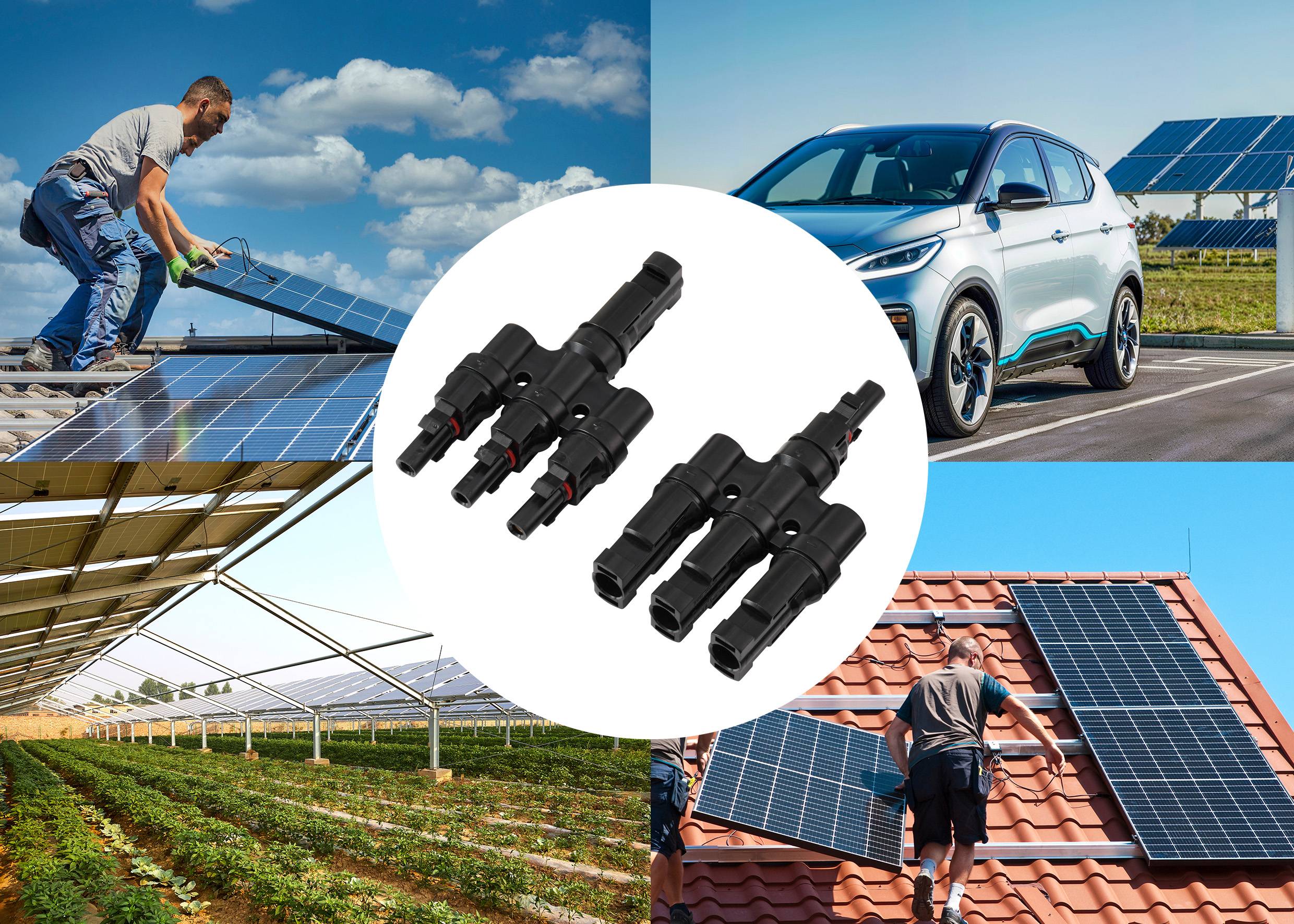 Solarenergie-Anwendungen: Panels auf einem Hausdach, Carport, Bauernhof und ein Mann, der auf einem Dach installiert; Verbinder in der Mitte.