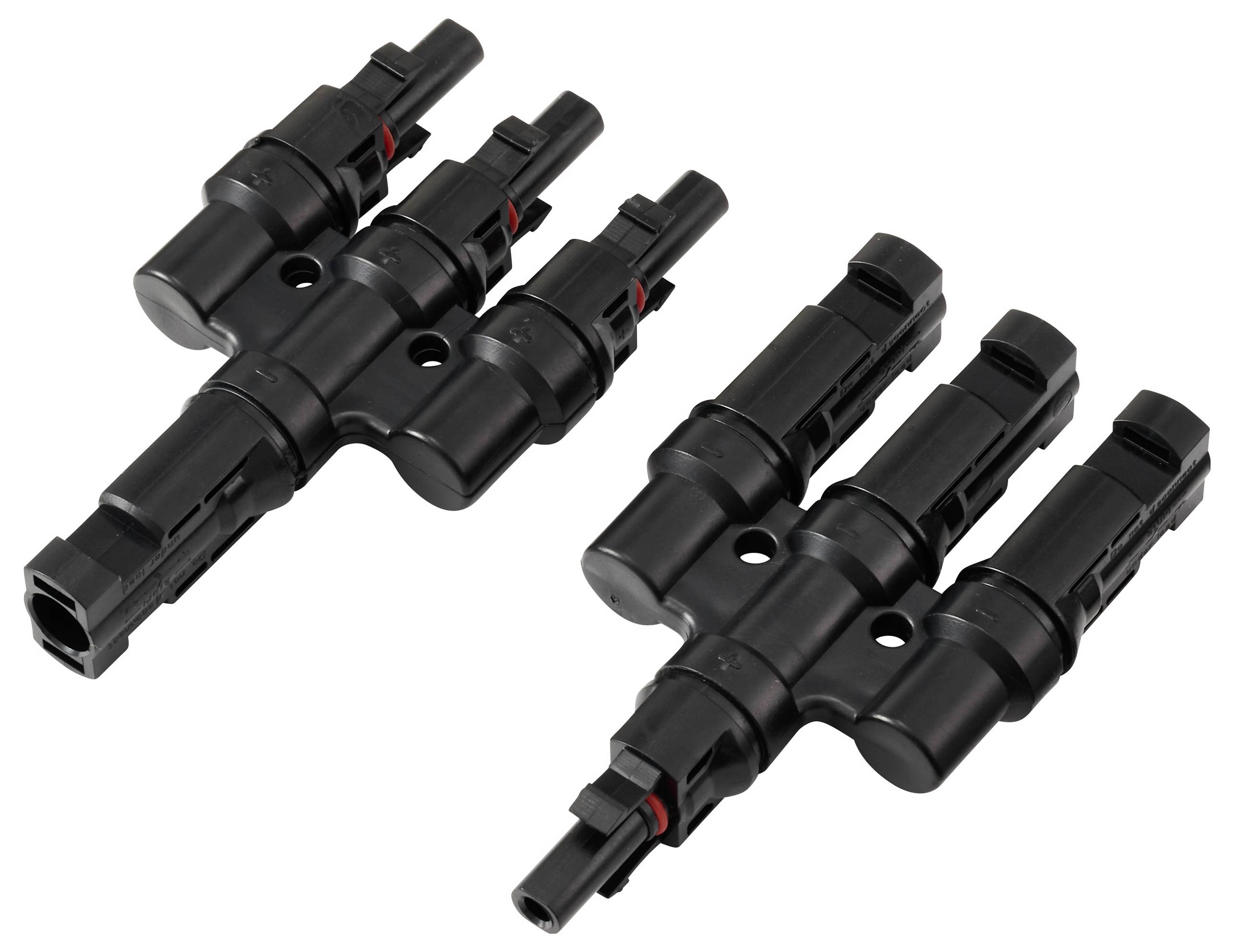 Zwei Paare schwarzer Solarpanel-Verbinder, die für Parallelschaltungen konzipiert sind, jedes Paar mit mehreren Steckdosen, auf Weiß isoliert.