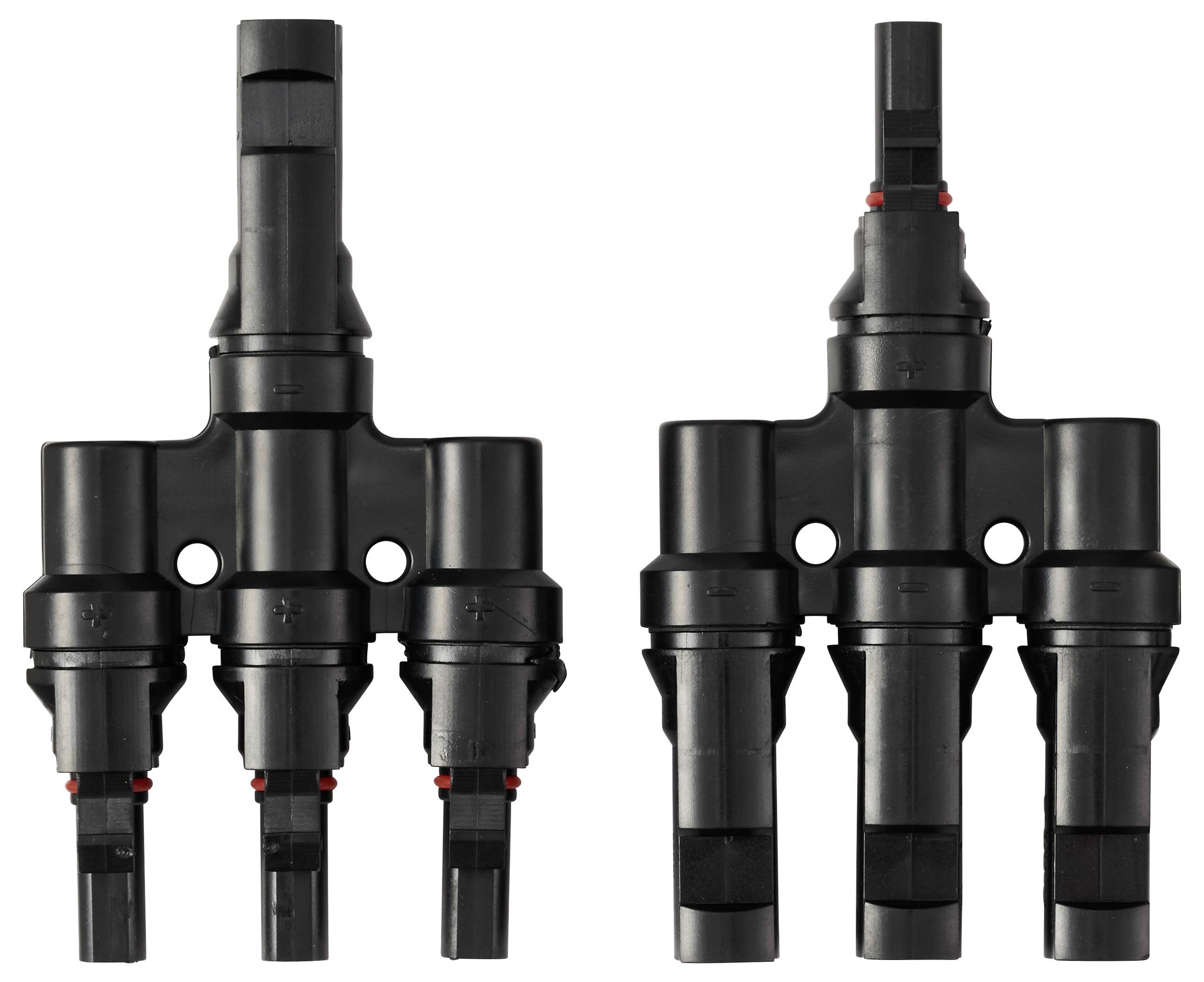 Zwei schwarze Plastik-Y-förmige elektrische Verbinder für Solarpanels, jeweils mit drei Buchsen und einem Stecker.