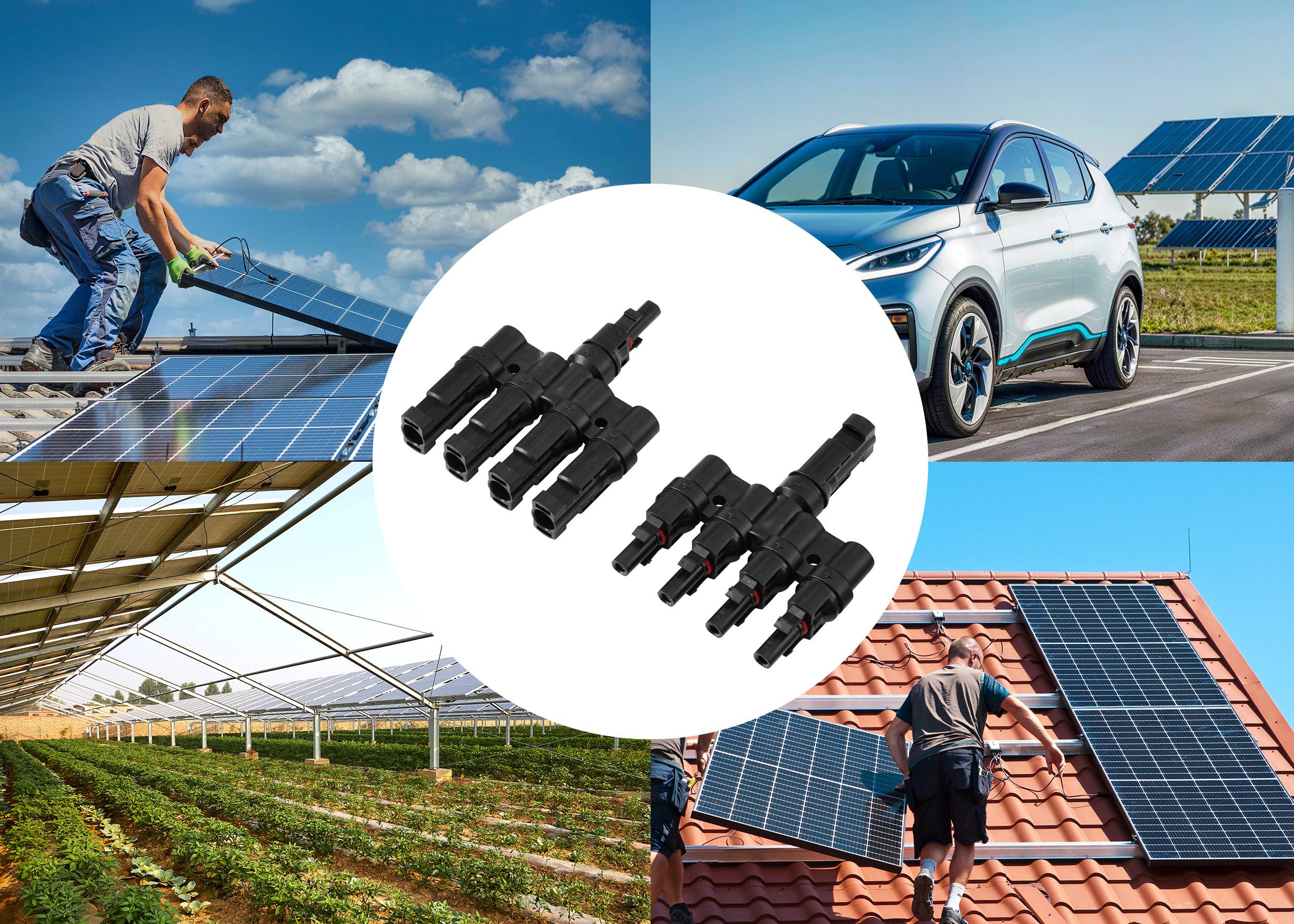 Eine Collage, die die Installation von Solarpanels auf verschiedenen Oberflächen zeigt, mit im Zentrum hervorgehobenen Anschlüssen, die Vielseitigkeit und Anwendbarkeit betonen.